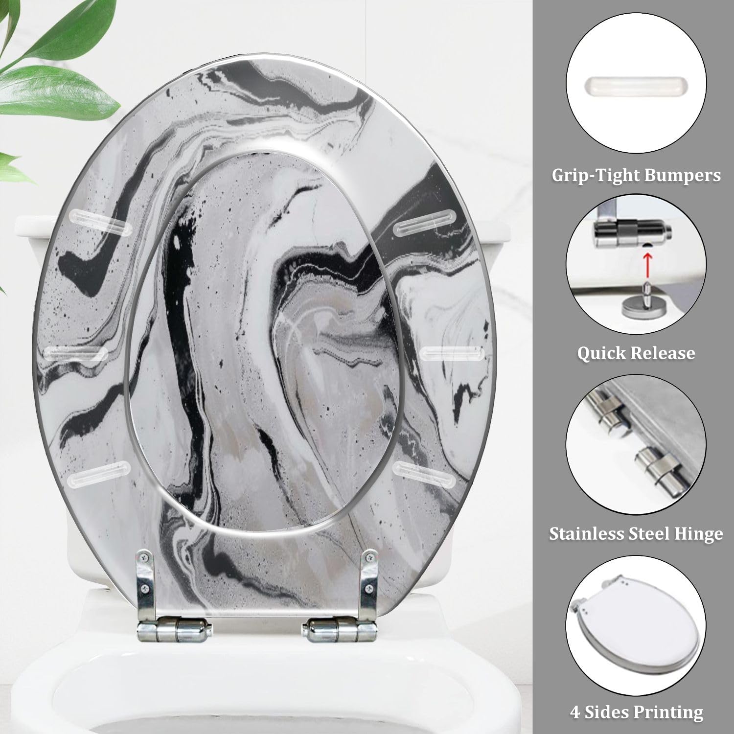 Elongated Toilet Seat Decorative marble texture Monochrome abstract black white gray silver Resin Toilet Seat Quietly Close Quick Release Hinges Decorative Toilet Seat with Cover Easy to Install