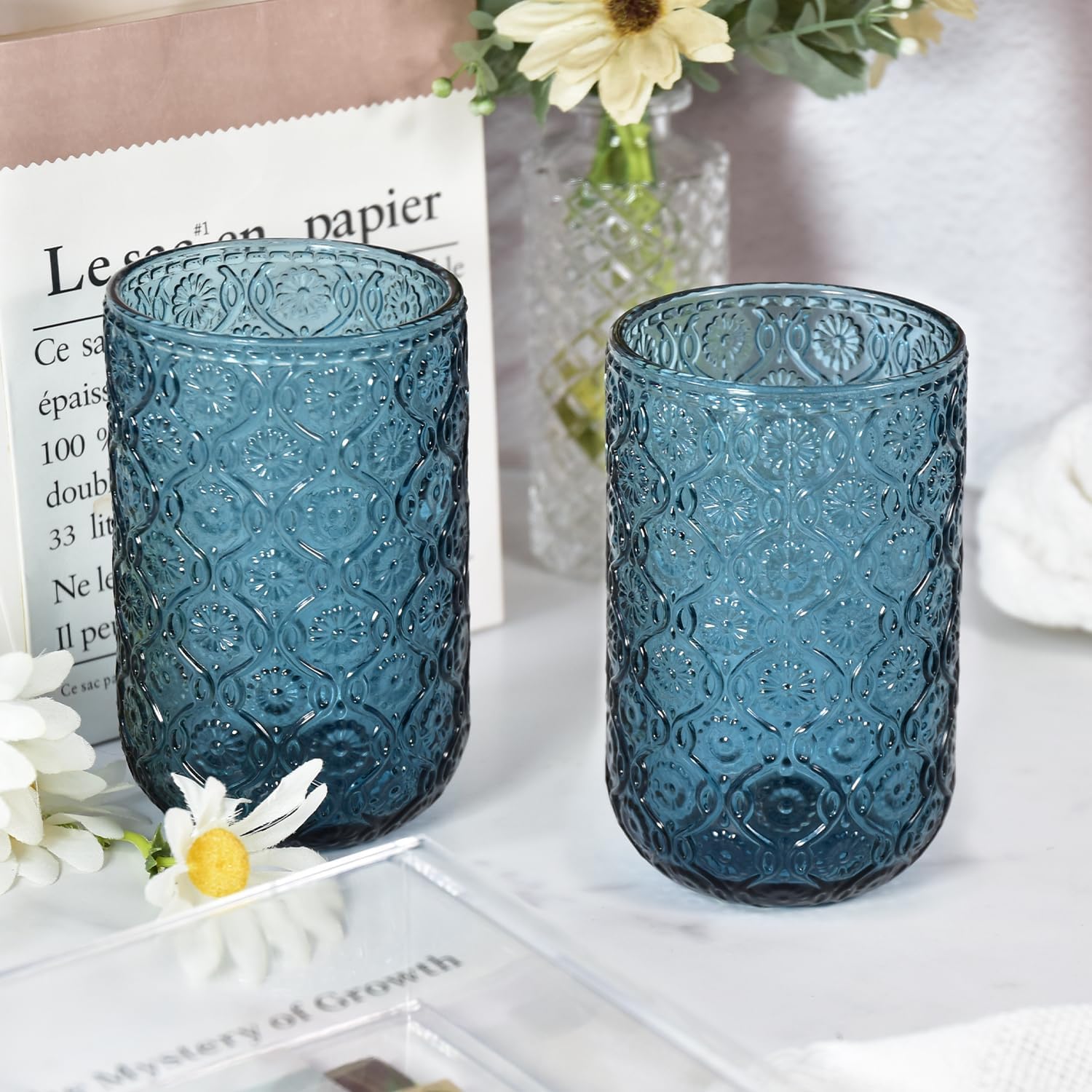 Maravilloso 14oz Vintage Glassware Set of 6, Old Fashioned Glasses, Wine Glasses Hobnail Drinking Glasses Embossed Water Tumbler for Cocktail, Juice, Whiskey, Milk and Various Mixed Drinks, Blue