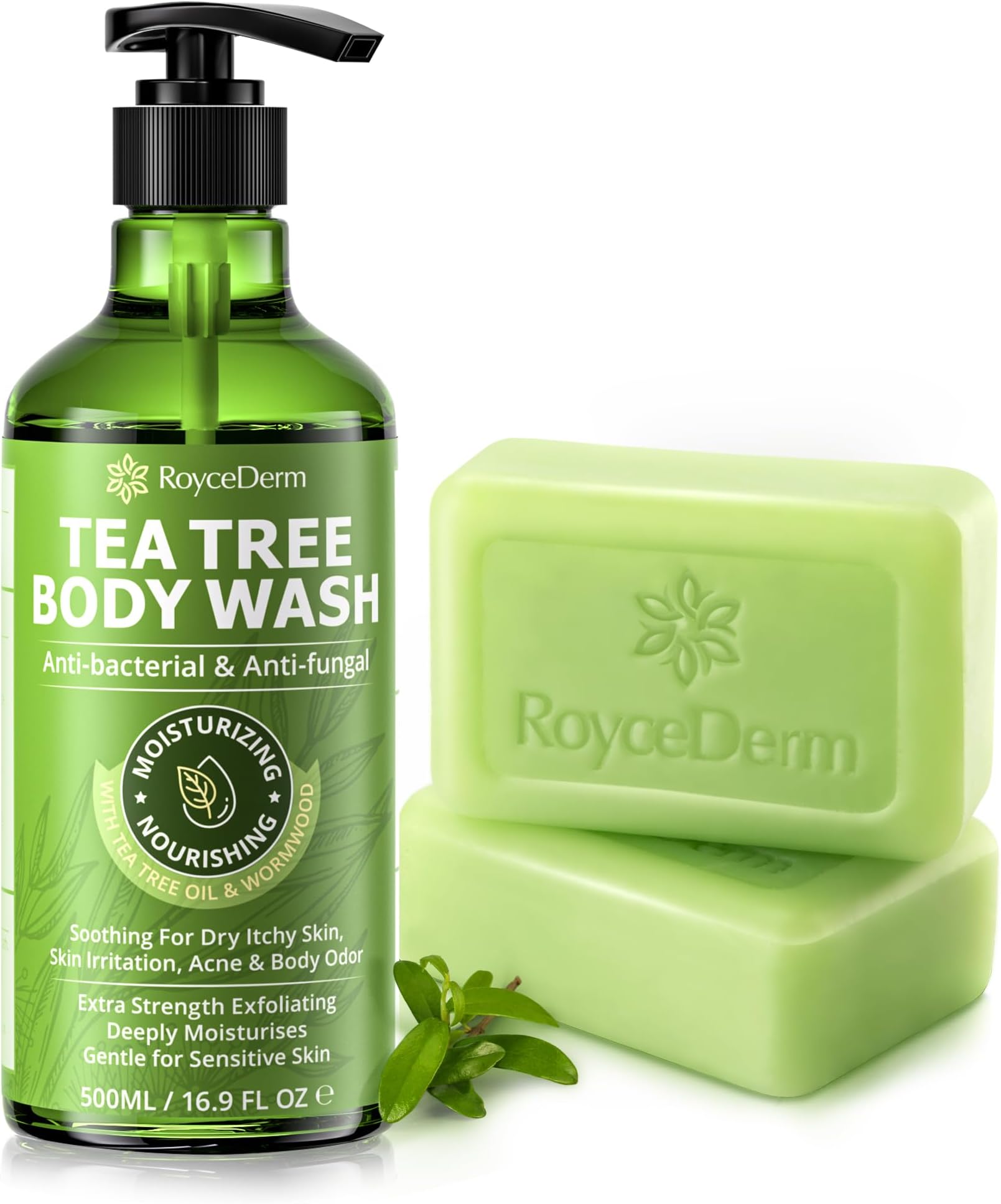 Roycederm Tea Tree Antifungal Body Wash & Soap: Bundle for Body Odor, Back Acne, Folliculitis, Tinea Versicolor, Jock Itch, Athlete’s Foot, and Ringworm - Cleansing with tea tree oil for Men & Women