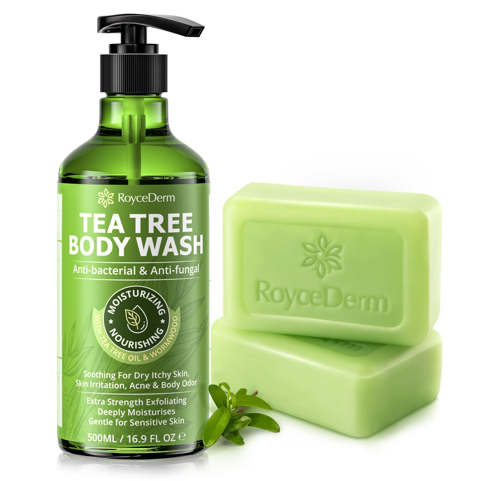 Roycederm Tea Tree Antifungal Body Wash & Soap: Bundle for Body Odor, Back Acne, Folliculitis, Tinea Versicolor, Jock Itch, Athlete’s Foot, and Ringworm - Cleansing with tea tree oil for Men & Women