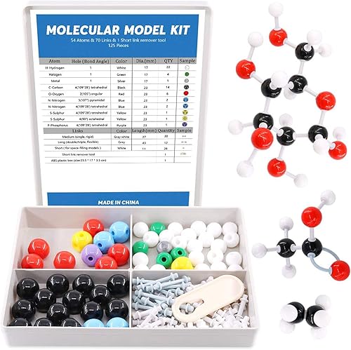 Swpeet Kit de modelo molecular de 125 piezas para profesor de modelo molecular inorgánico y orgánico y 16 años y más para estudiantes, 54 átomos, 70