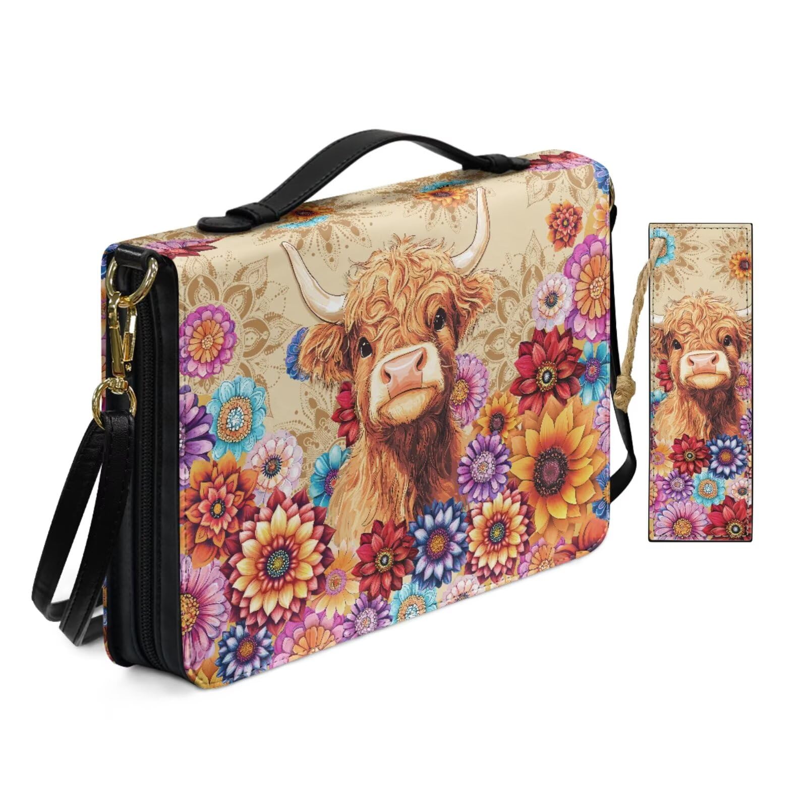 PU Leather Bible Cover Case for Women Ladies Worship Church Bag with Bookmark Floral Highland Cow Bible Covers with Shoulder Strap Book Case Brown