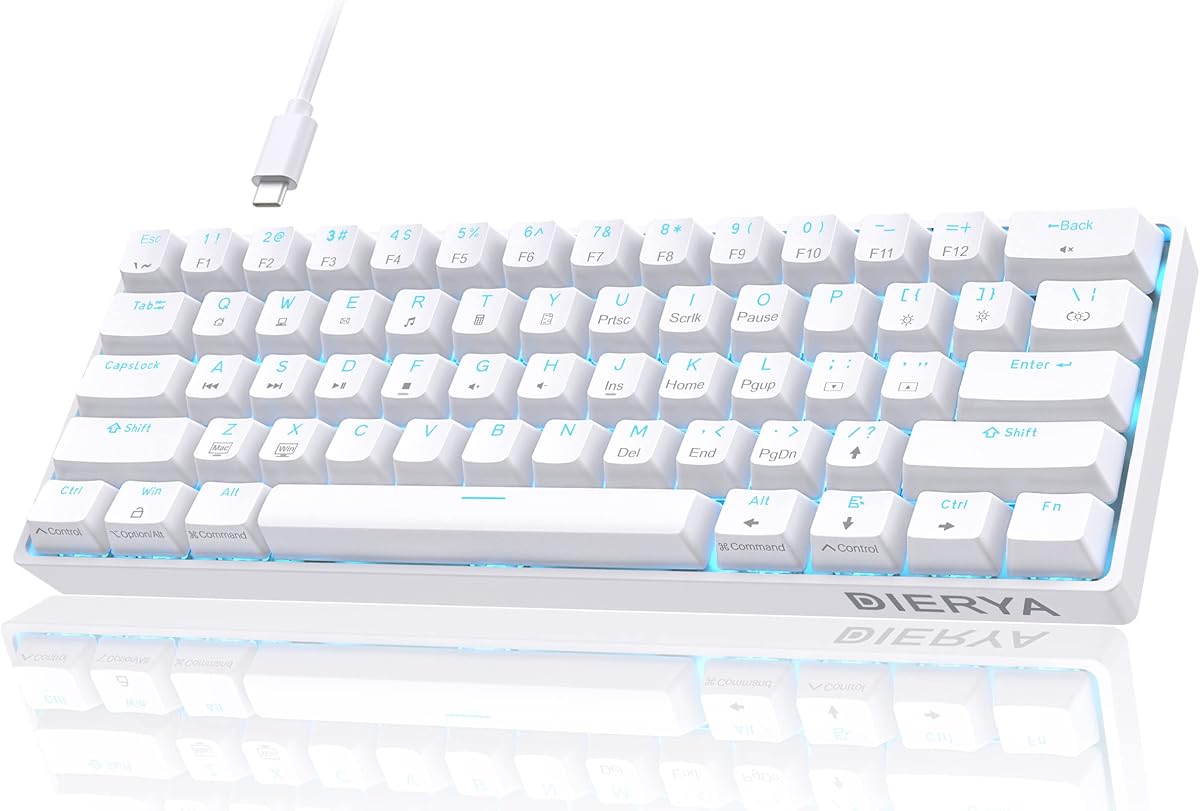 DIERYA Teclado mecánico 60%, teclado para juegos con cable DK61se con interruptores azules, retroiluminado por LED, ultracompacto, 61 teclas, mini teclado de oficina para Windows, computadora portátil, PC, mecanógrafo (blanco)