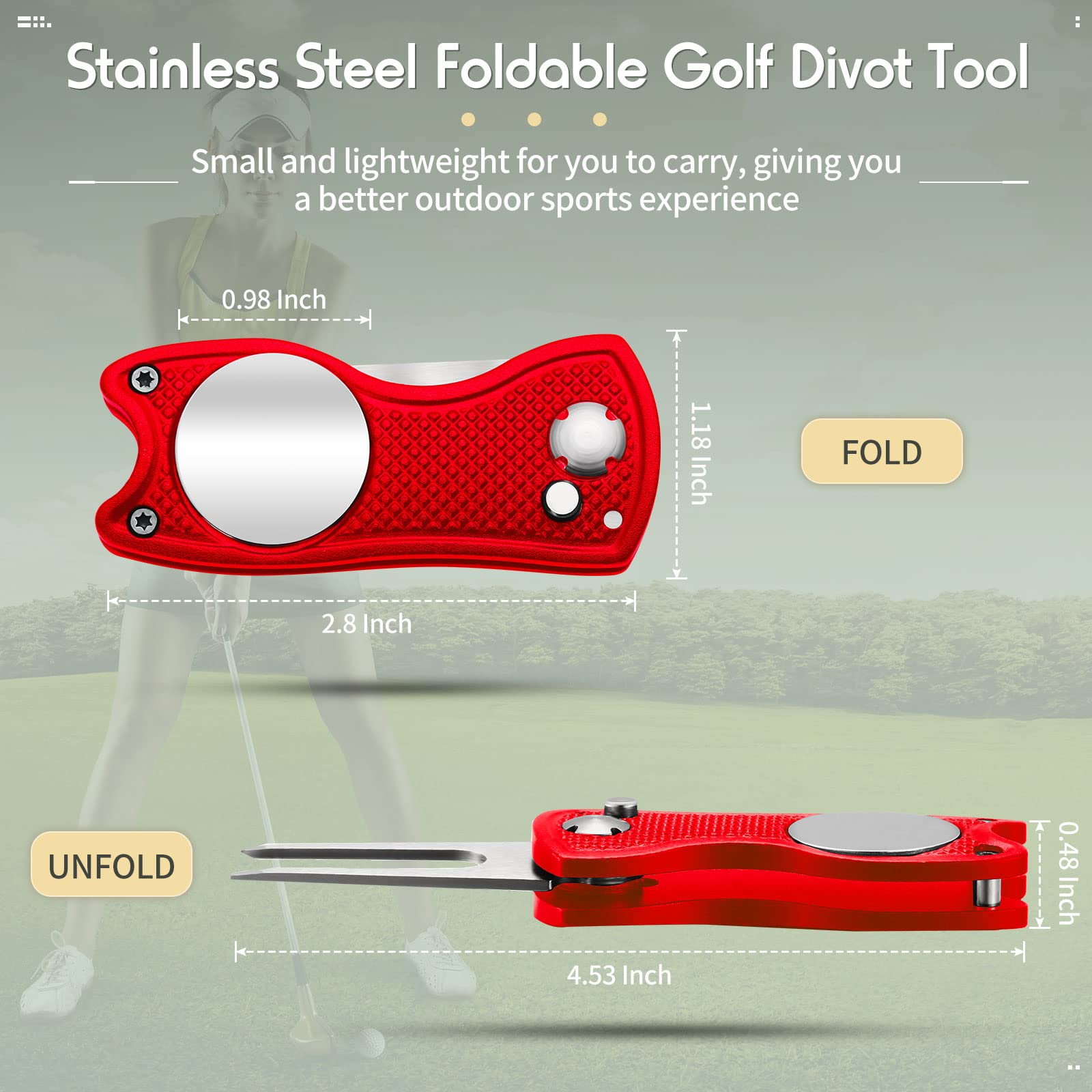 Skylety 4 Pcs Golf Divot Repair Tool Metal Foldable Golf Divot Tool with Magnetic Pop-up Button Ball Marker Stainless Steel Switchblade for Golfers Prizes(Red)