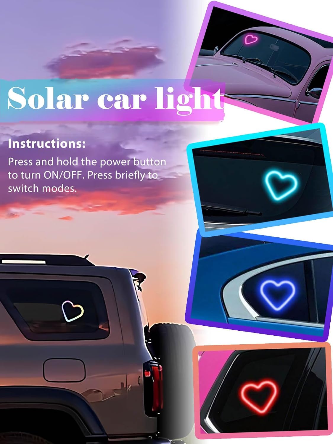 Car LED Ambient Light - Solar-Powered Heart-Shaped LED Neon Light, Wiring Free, Switchable Modes, Romantic Mood Decoration, Interior Atmosphere Lamps for Car (MHD - Pink)