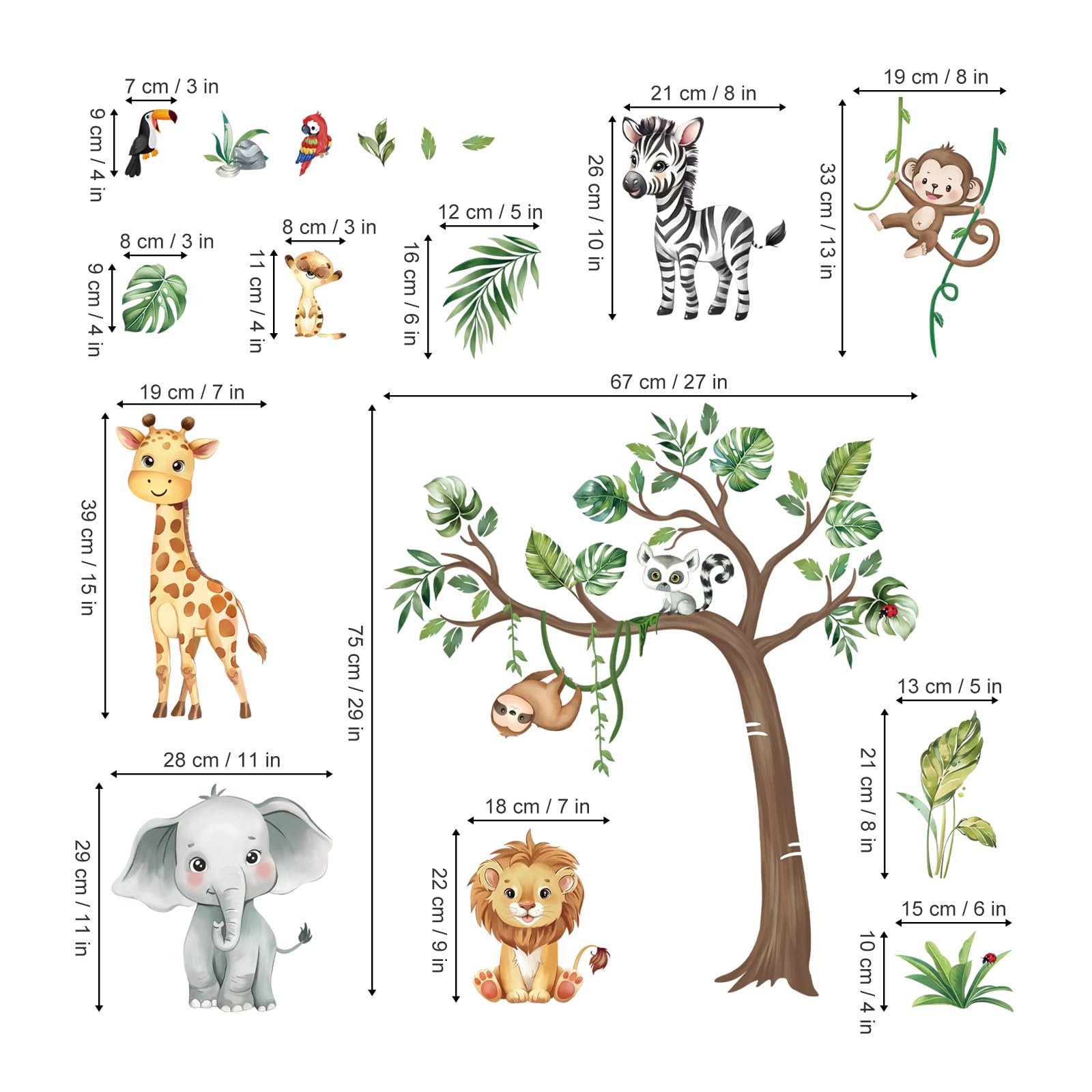 Runtoo Adesivi Murali Animali Savana Adesivi da Parete Giraffa Elefante Giungla