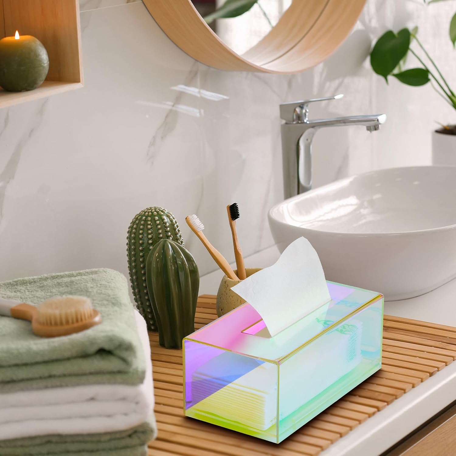 Layhit 2 Pcs Iridescent Tissue Box Acrylic 9.37 x 4.72 x 3.94 Inch Acrylic Clear Tissue Box Dispenser Cute Tissue Box Holder for Facial Napkins Bathroom Desks