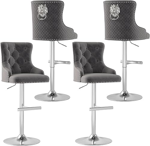 Miniatura 10 de Juego de 2 taburetes de bar, taburetes de bar giratorios de terciopelo ajustable en altura de mostrador con reposapiés, acolchado suave tapizado con