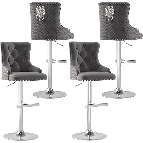 ABET Bar Stools Set of 4, Counter Height Stools with Footrest, Velvet Adjustable Swivel Kitchen Island Chair with Upholstered Tufted High-Back, Lion Head Ring Nailhead Trim, Chrome Base, Grey