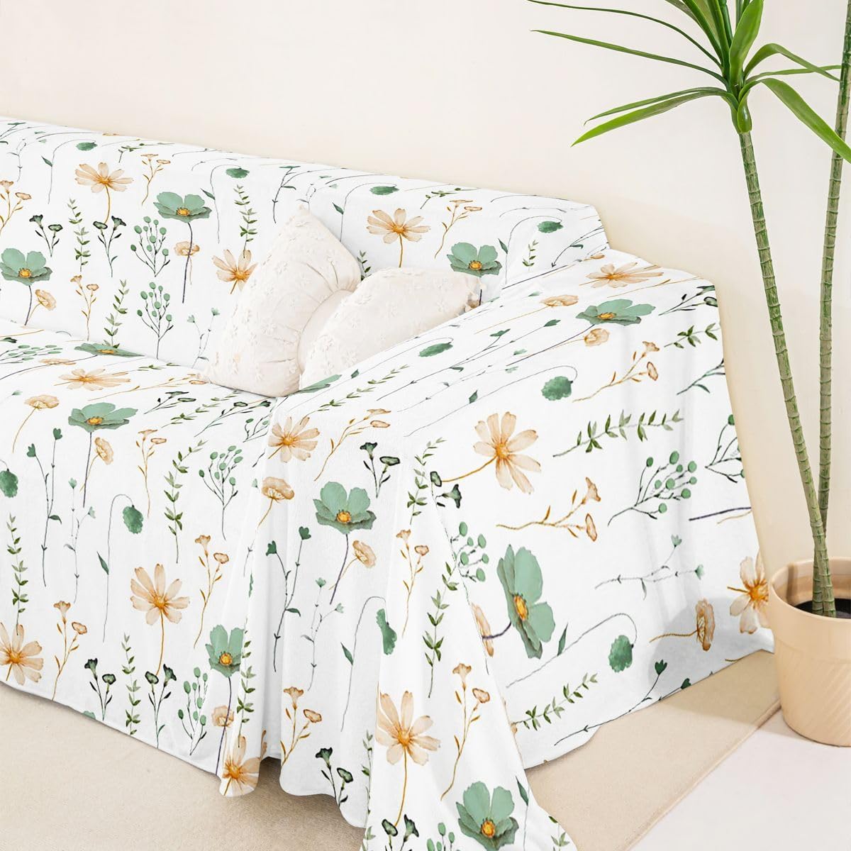 Erosebridal Watercolor Floral Sofa Cover Sage Green Beige Flower Couch Cover Modern Minimalist White Sofa Protector 91" X 118" Rustic Farmhouse Washable Non Slip Couch Protector for Pet Cats Kids