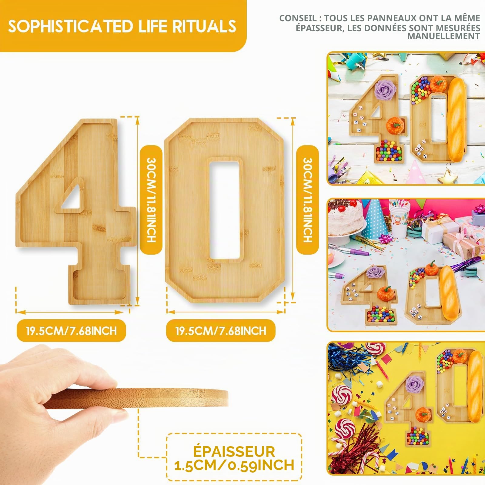 Planche à charcuterie en bois avec chiffres - Plateau à charcuterie en forme de chiffres pour anniversaire de mariage - Grand format - Pour collation, gâteau, cookies (40)