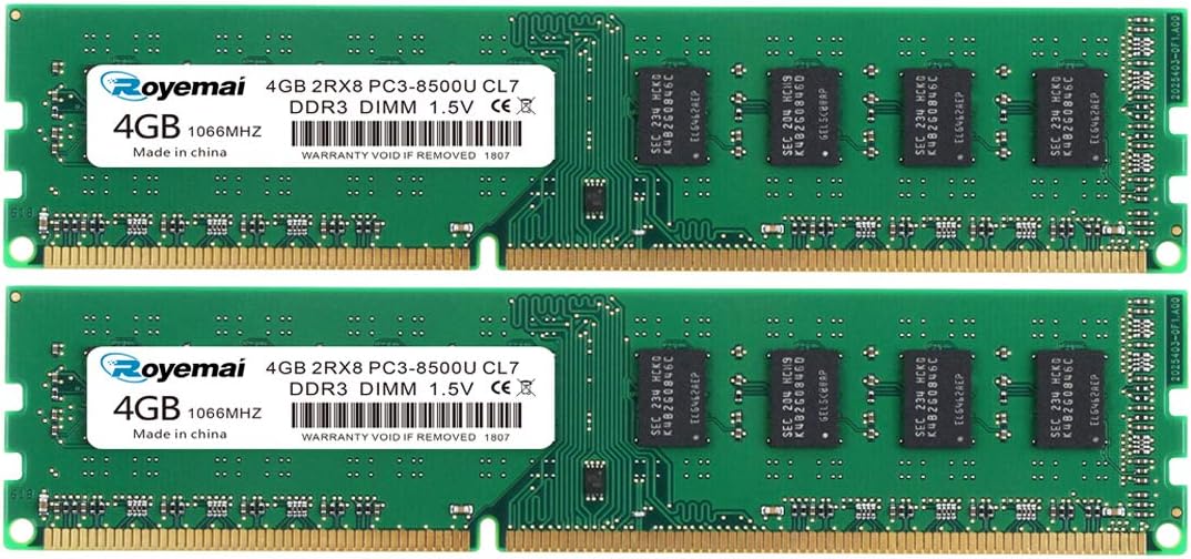 8GB DDR3 PC3-8500 DDR3 1066, ROYEMAI 2x4GB DDR3 Desktop DDR3 Ram 2Rx8 240pin DDR3 UDIMM Memory 1.5V CL7 Upgrade Chips for Intel AMD Desktop Computer