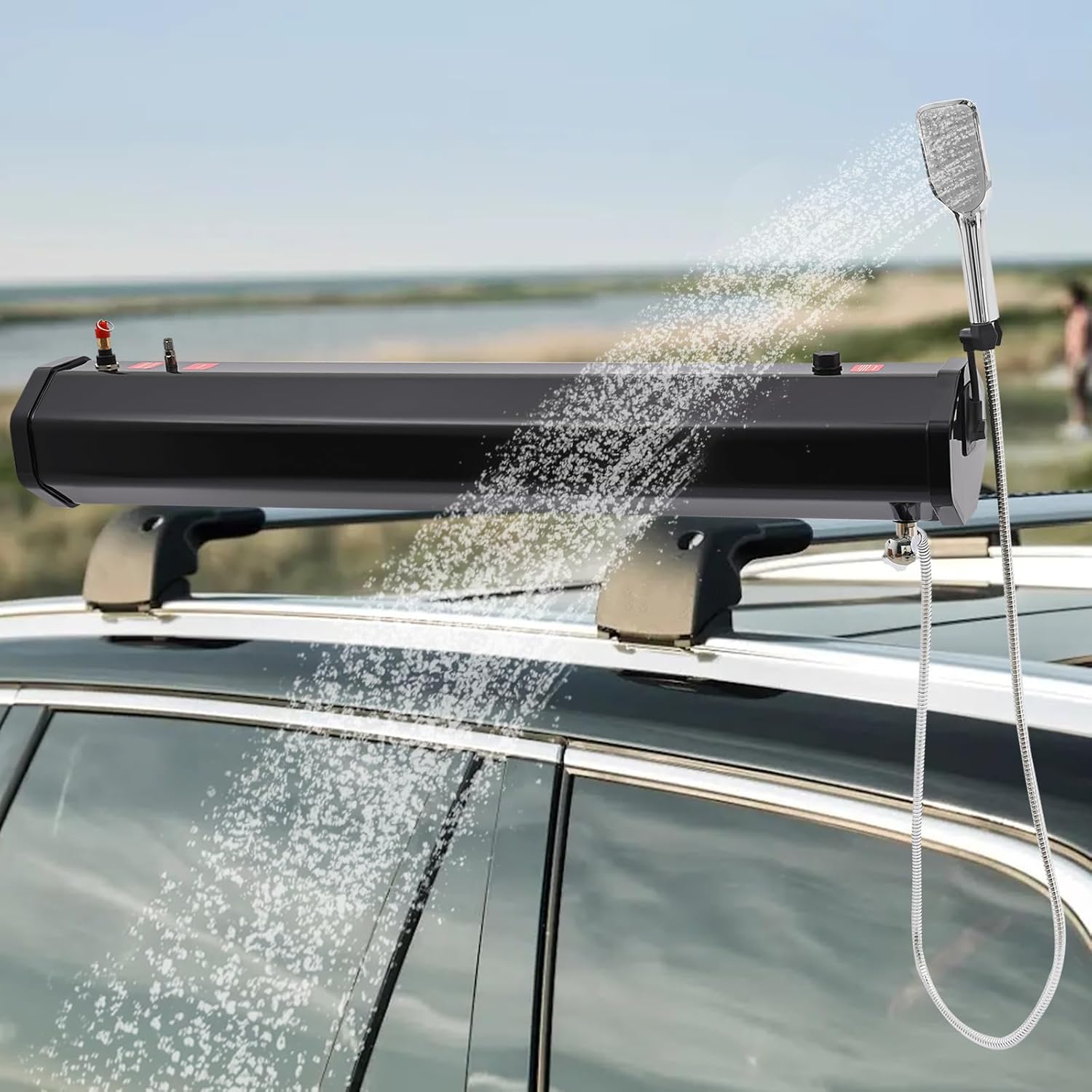 Pressurized Water Tank for Camping Shower Solar Roof Rack Mount Road SUV Shower Outdoor Portable Water Storage Tank with Hose & Shower Head for Overland Off-Road Vehicles, Pick-up Trucks