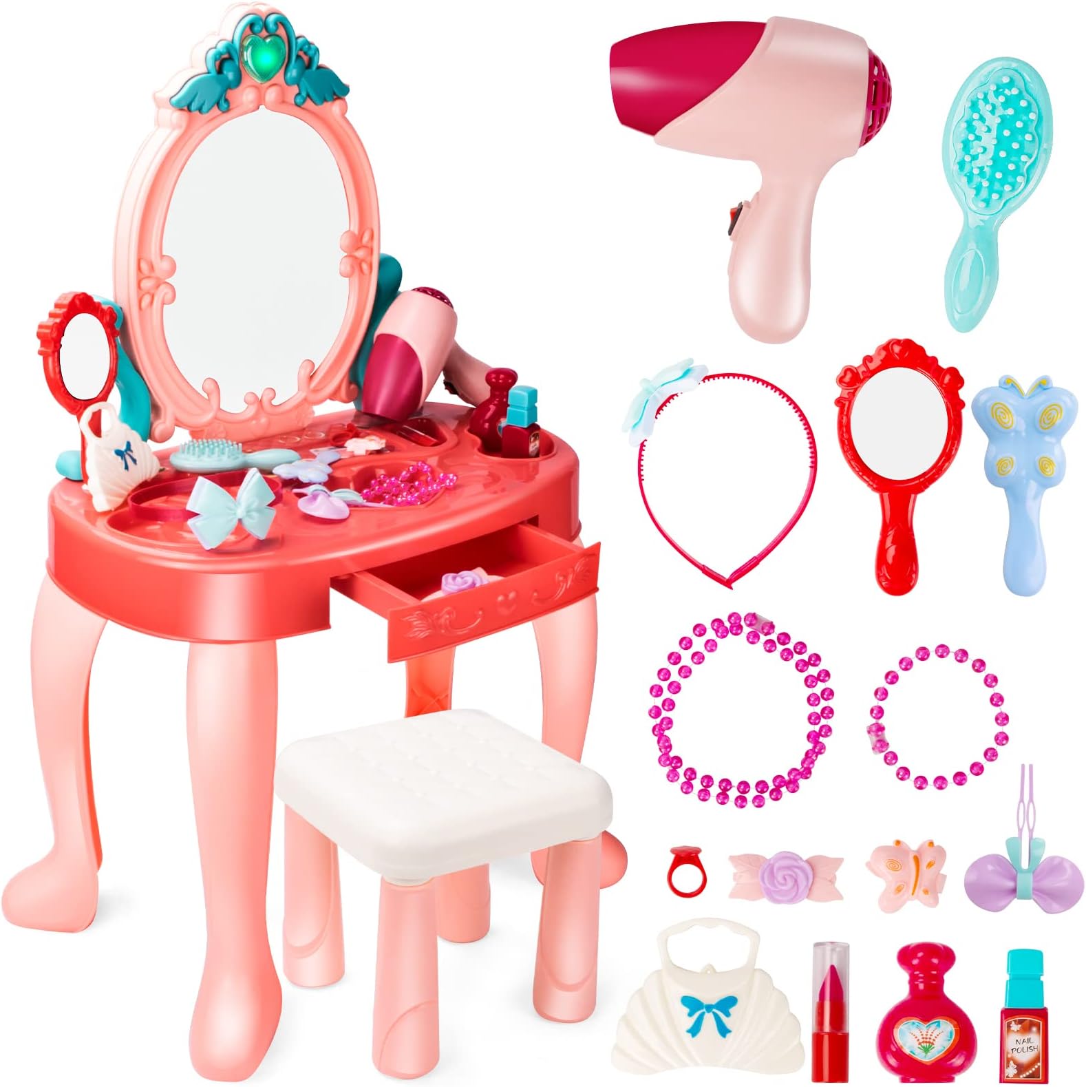 UNIHToddler Vanity Set Kids Toy Vanity Table for Little Girls with Mirror and Stool, Princess Vanity Toys for 2 3 4 5 Year Old Girls Gift