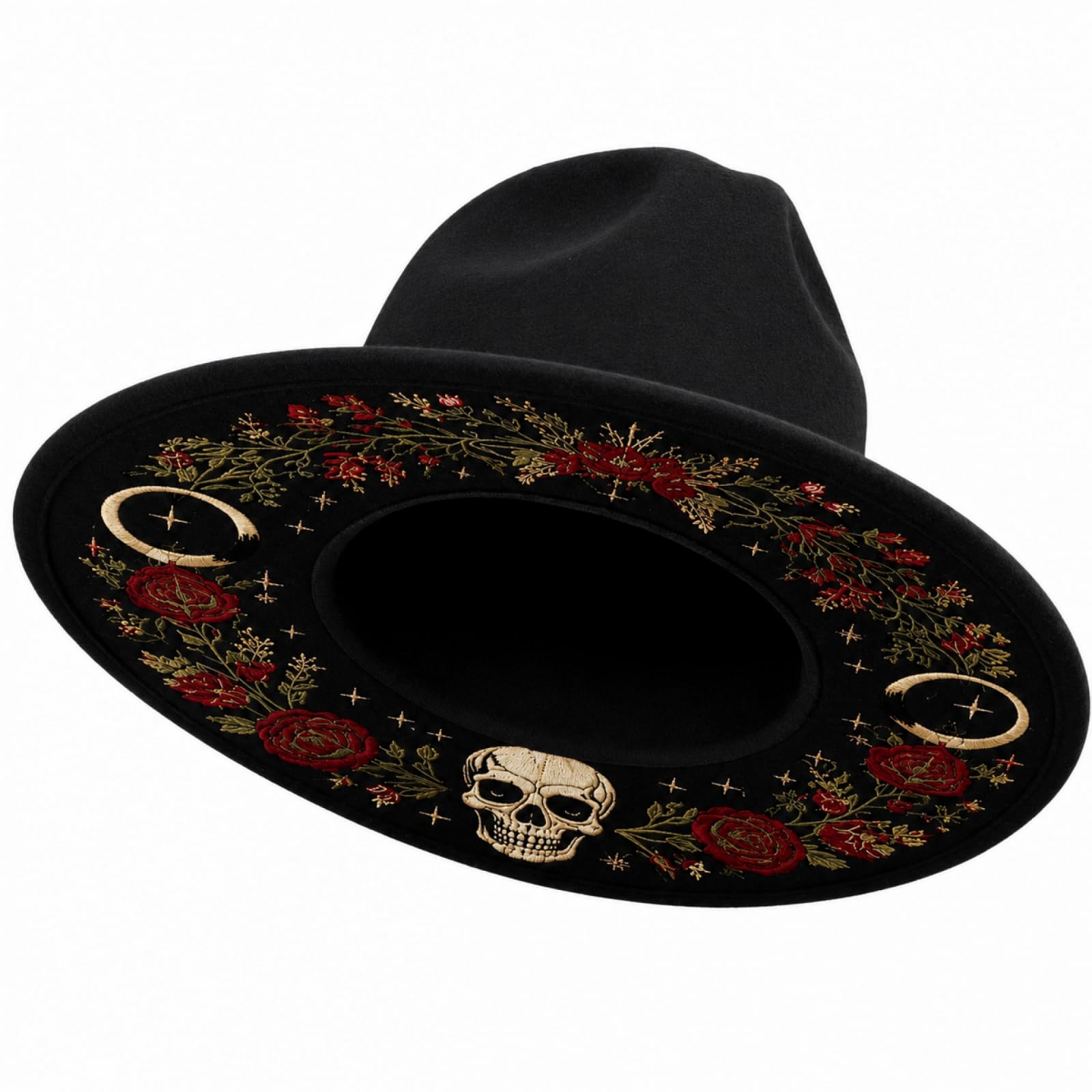 Feclmiyt Adults Halloween Panama Hat Skull Rose Wide Brim Felt Fedora Hat Jazz Cap (A-Multi-Color, M)