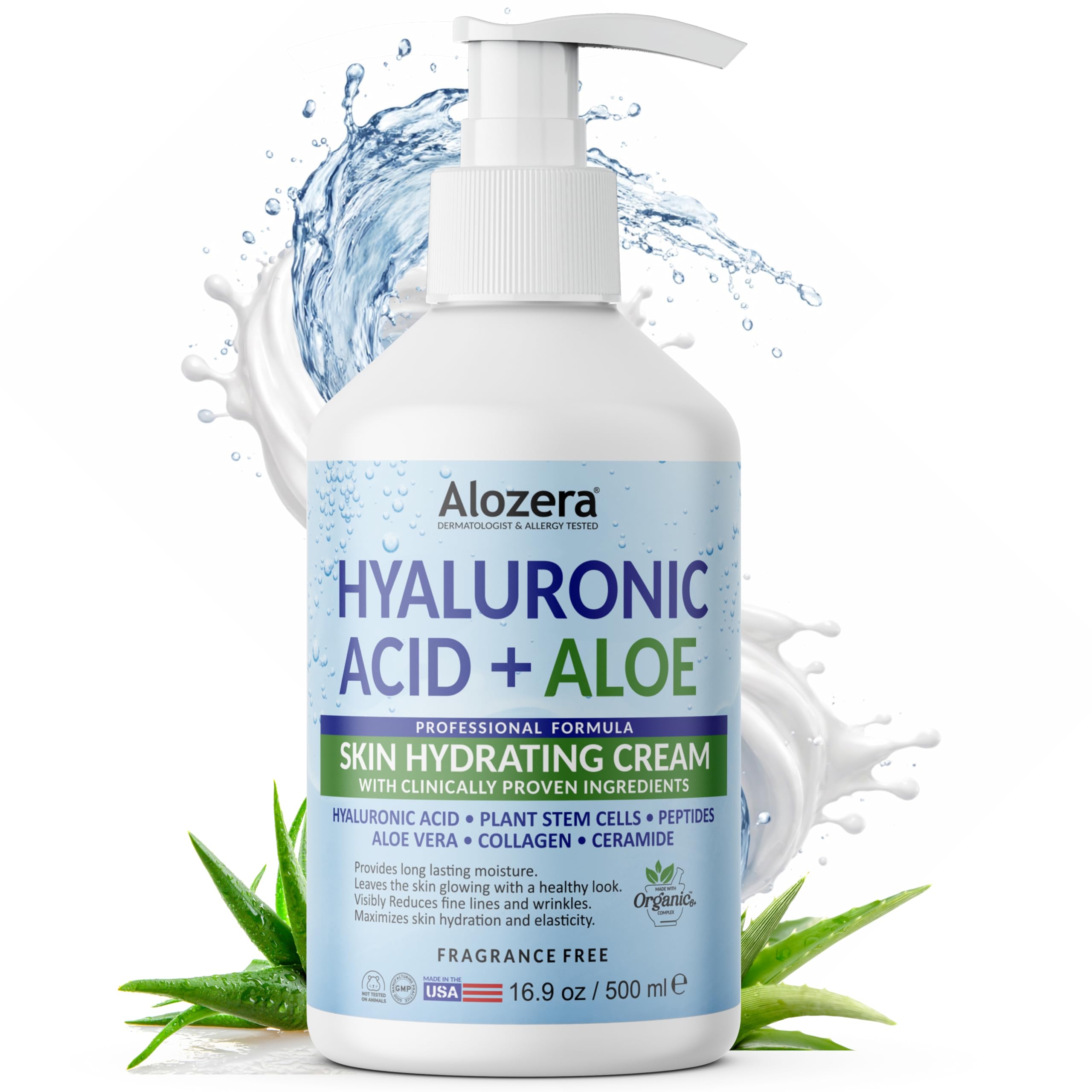 Alozera Hyaluronic Acid Body Lotion with Aloe & Stem Cells, Daily Moisturizing Lotion for Dry, Sensitive Skin Hydration, Non-Greasy, Lightweight Moisturizer, Fragrance-Free, 16.9 oz