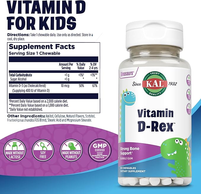 KAL Vitamin D-Rex masticable, vitaminas infantiles 400 UI D-3 miniatura 2