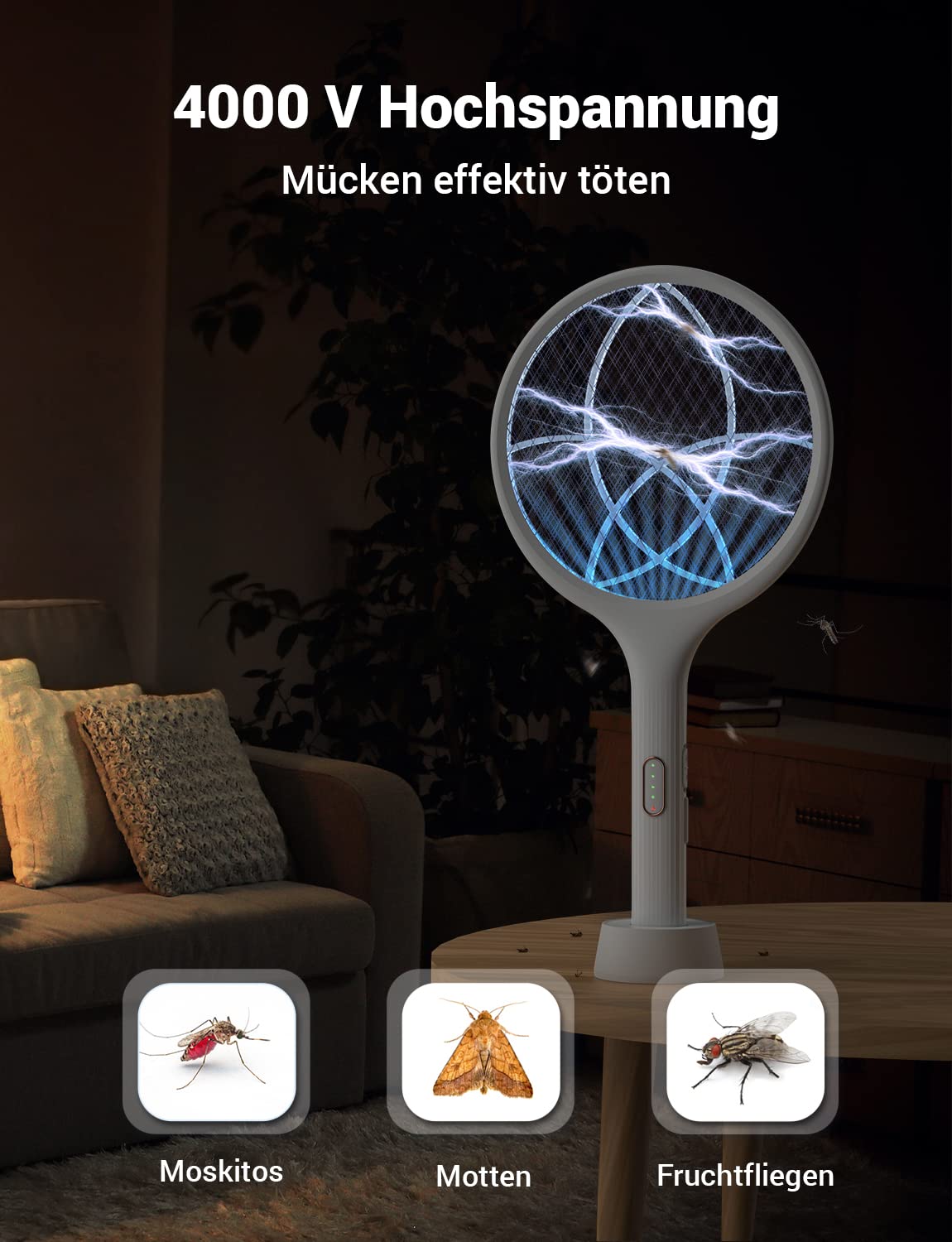 YISSVIC Elektrische Fliegenklatsche extra stark 4000V 2 in 1 USB C mit Akku Aufladbar Elektro Mückenklatsche mit UV Lichtfalle Weiß 1 STK.