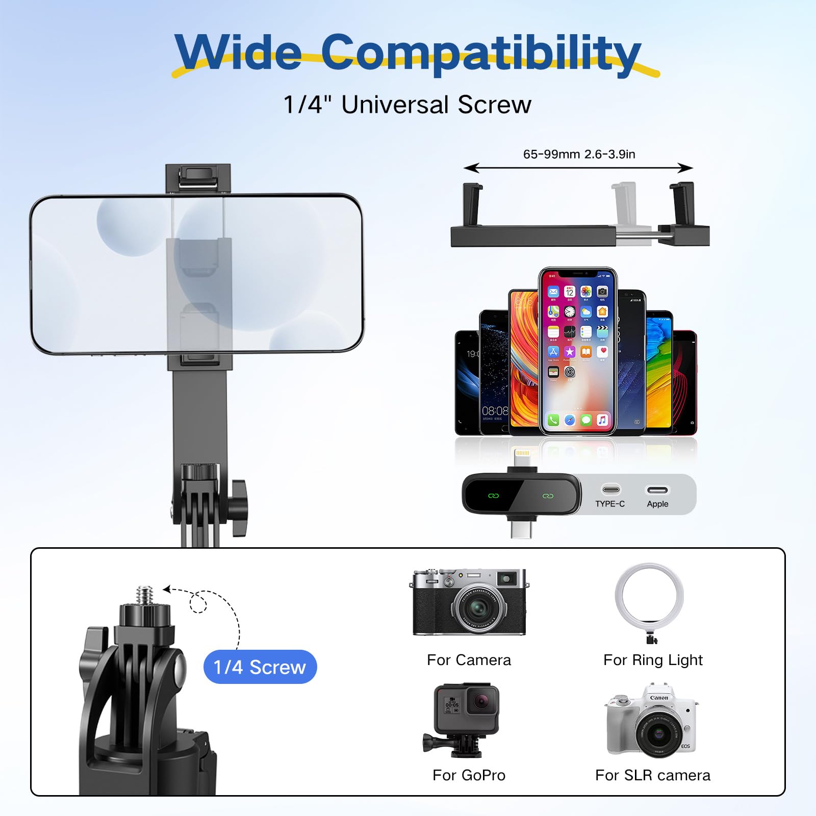 Content Creator Starter Kit, iPhone / Android Vlogging Kit, 180 cm Smartphone Treppiede con 2 luci di riempimento e microfono wireless, Selfie Starter Kit