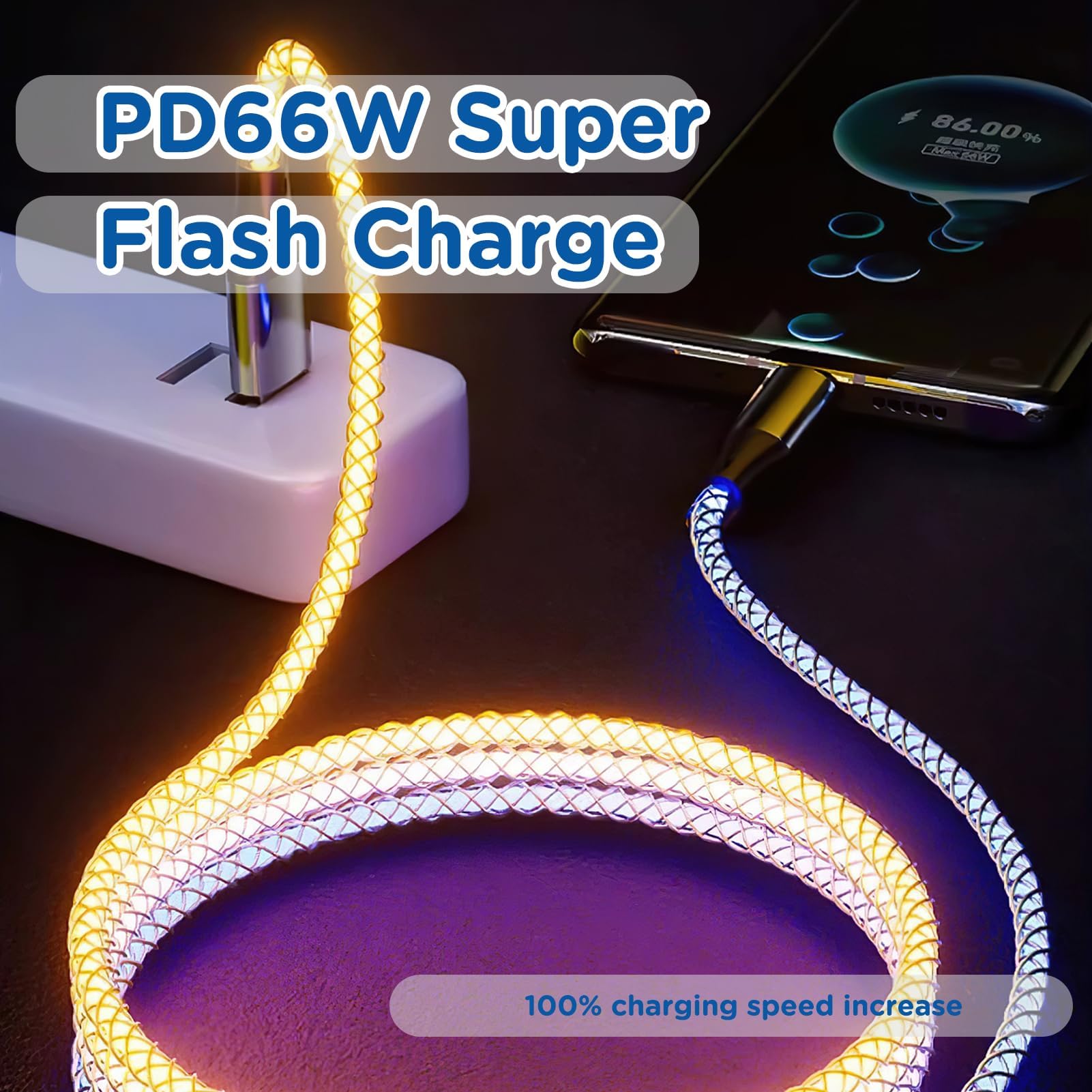 Cavo USB-C Illuminato LED RGB 66W, Ricarica Rapida E Trasferimento Dati, Intrecciato TPE 1 Metro - 3