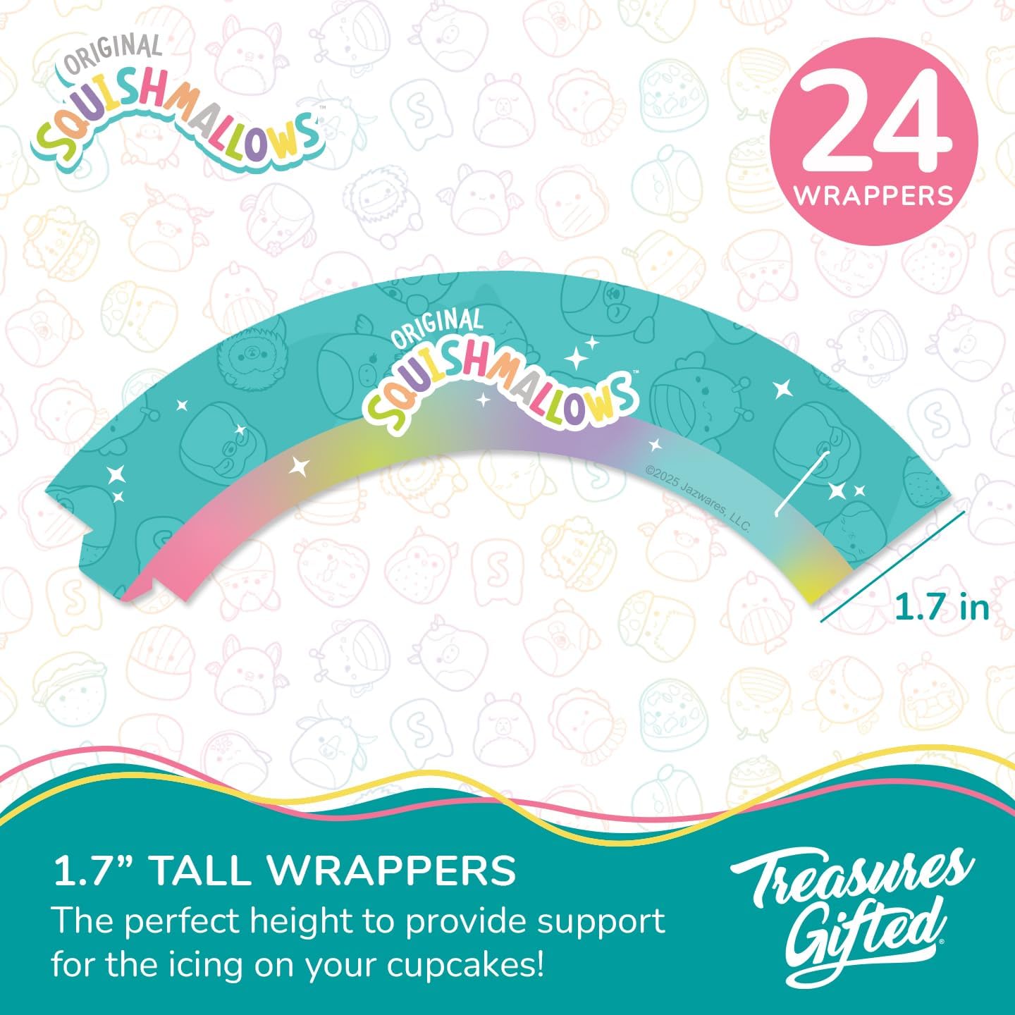Treasures Gifted Officially Licensed Squishmallows Party Supplies - 24 Cupcake Toppers & Wrappers - Squishmallows Birthday Decorations - Birthday Cake Decorations
