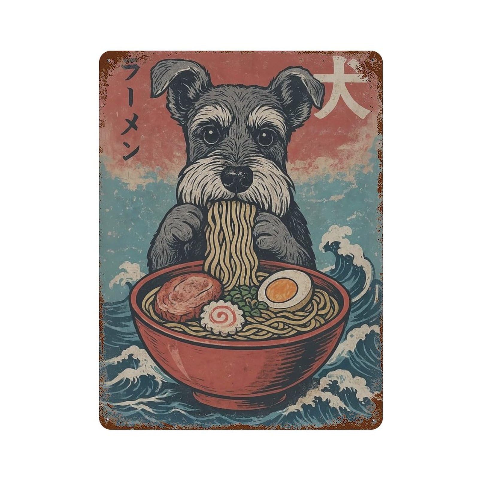 Schnauzer Eating Ramen Vintage Rust Metal Sign 15.7"x11.8", for Garage, Bar And Workshop Decor, Decorative Metal Wall Art