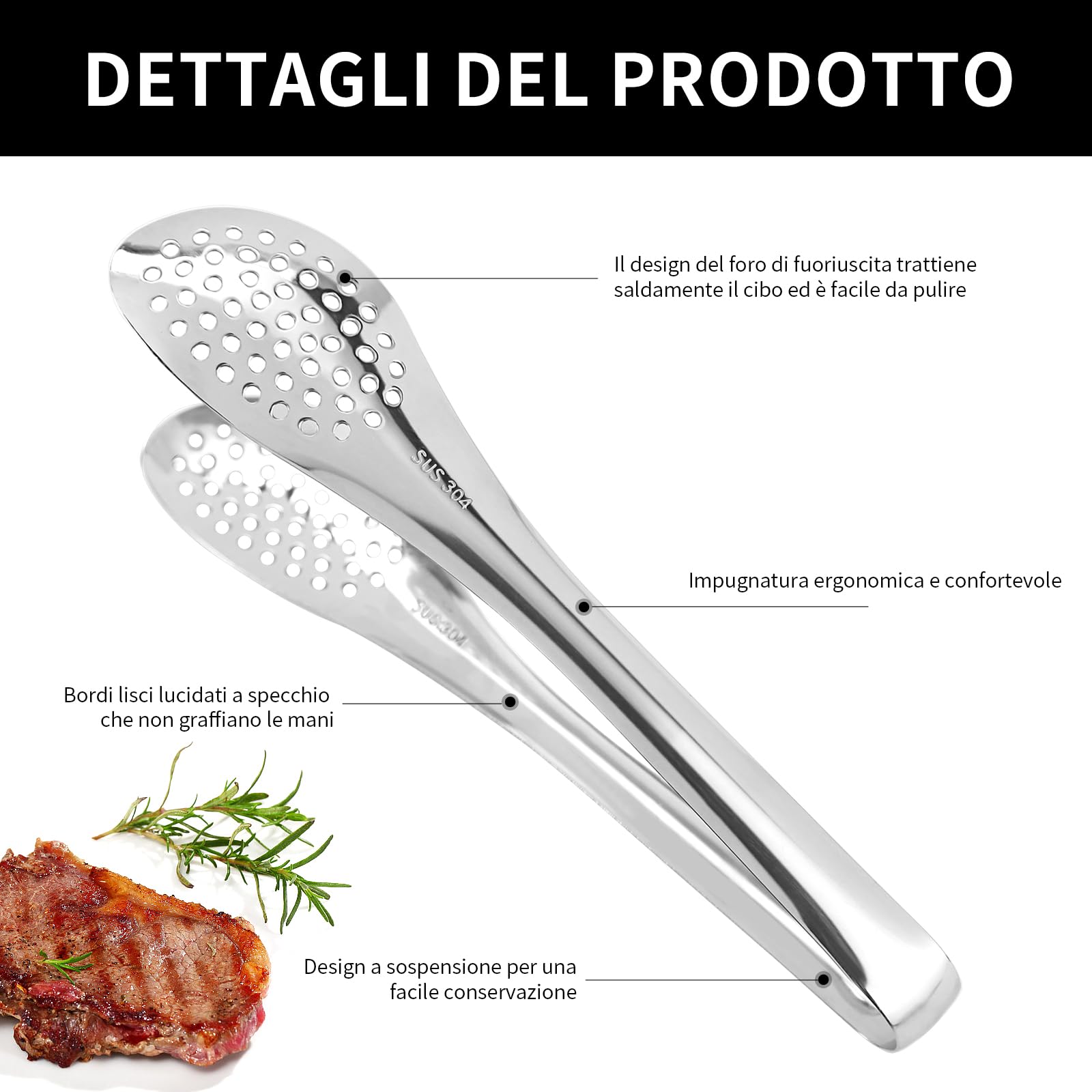 2 Pinze Da Cucina In Acciaio Inox 23cm - Per Insalata, Spaghetti, Barbecue - Foto 8