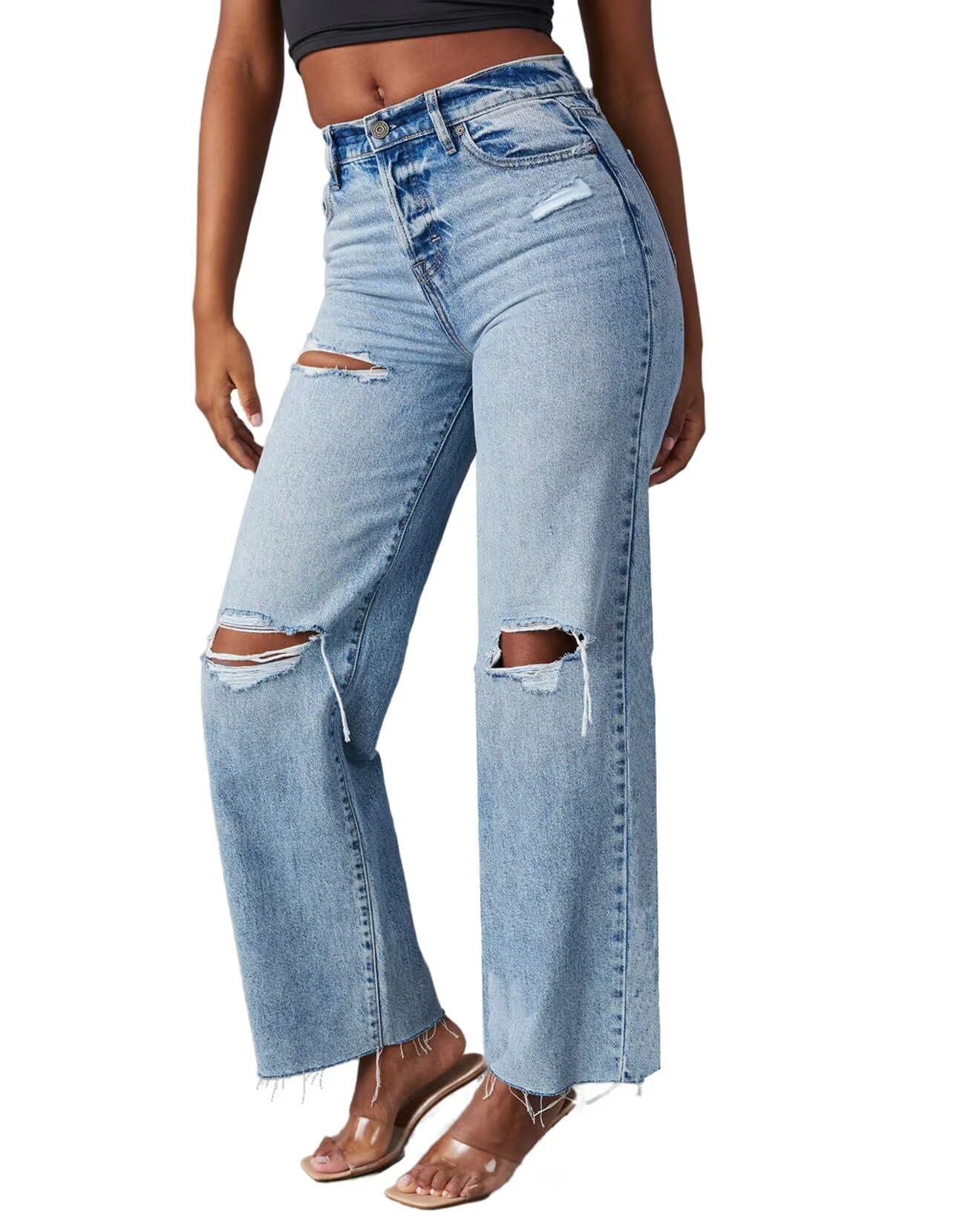 Allimy Jeans da donna a vita alta, gamba dritta, gamba larga, strappati, orlo sfilacciato, pantaloni in denim Capri elasticizzati