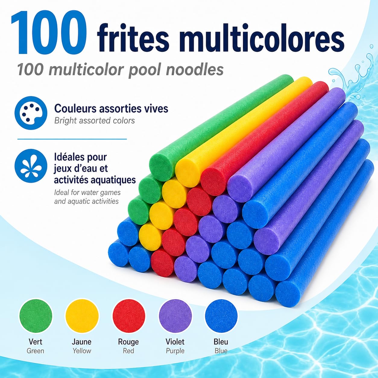 Lot 100 Frites de Piscine Mousse Flottantes 160 cm x 6,5 cm - Multicolores Souples et Resistantes - Accessoires Jeux Eau Piscine Mer Plage Aquagym Natation Enfants Adultes - Fun Noodle - Nouille