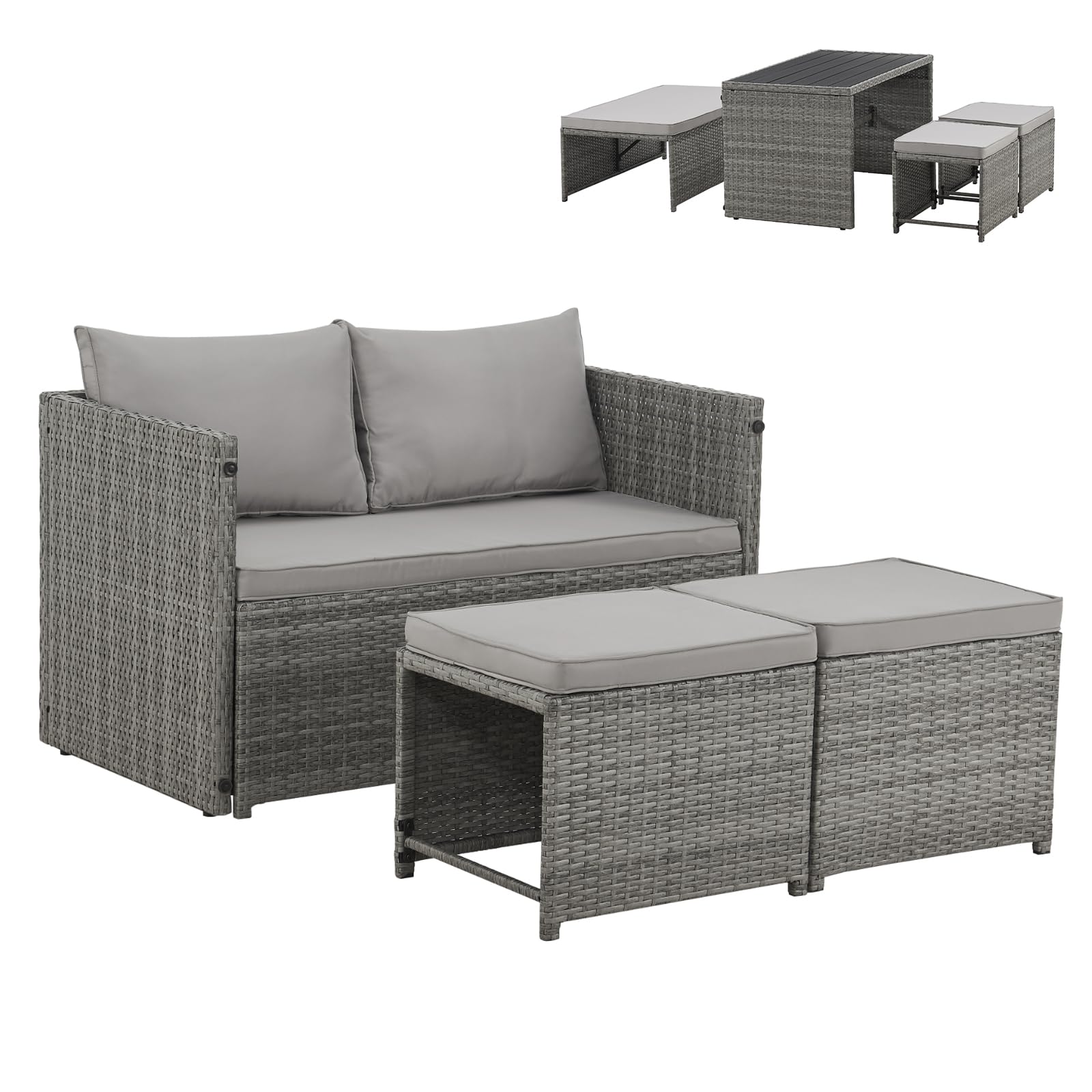 SVITA ATHINA 2in1 Sitzgruppe Outdoor Rattanlounge Balkon Essgruppe Gartenmöbel Set Gartenlounge klein Balkonmöbel Polyrattan Grau
