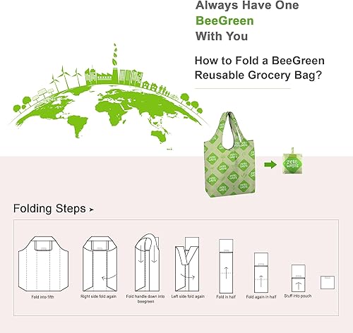 Vista 29 de BeeGreen Bolsas de compras plegables reutilizables con asas, paquete de 12 bolsas de tela de poliéster resistente, bolsas grandes reutilizables
