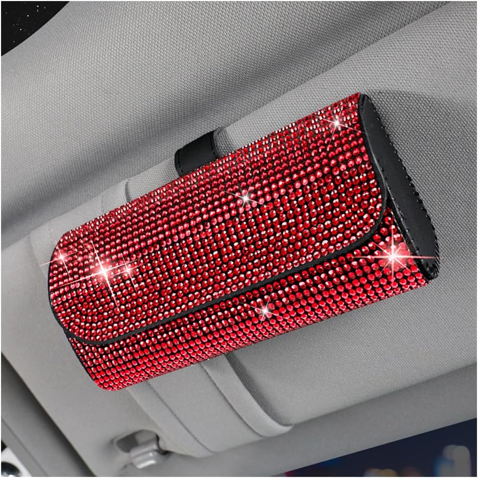 Osilly Bling Car Sunglass Holder for Sun Visor, Sparkling Crystal Leather Automotive Eyeglasses Mount Clip Organizer with Hidden Magnetic Closure for Men Women, Universal for SUV Truck Van(Red)