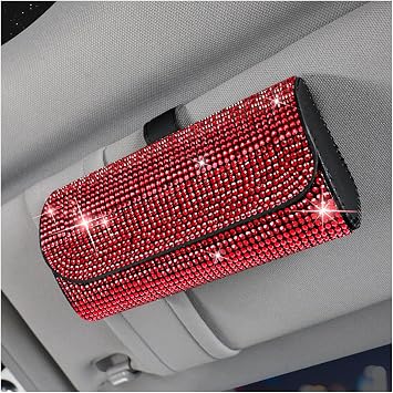 Osilly Bling Car Sunglass Holder for Sun Visor, Sparkling Crystal Leather Automotive Eyeglasses Mount Clip Organizer with Hidden Magnetic Closure for Men Women, Universal for SUV Truck Van（Red）