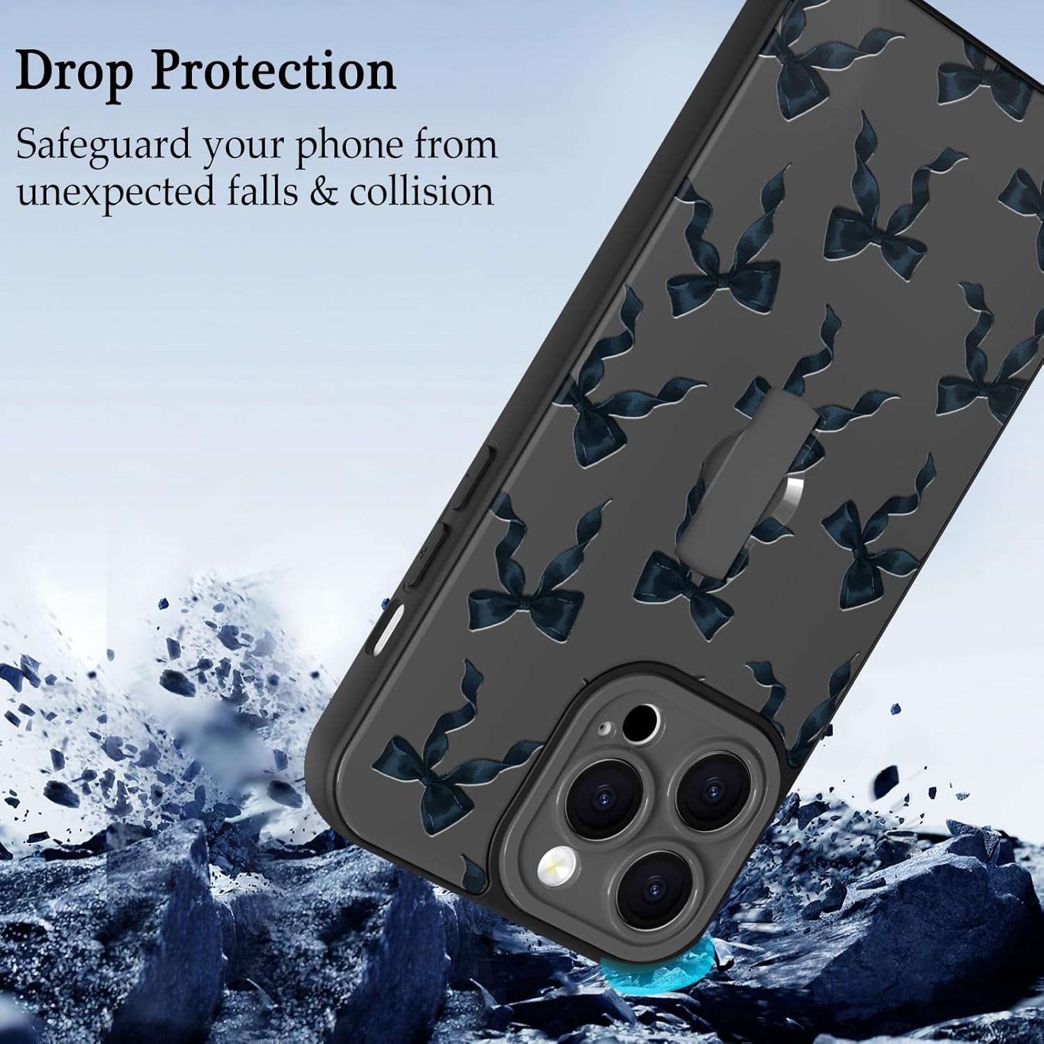 Fiyart Designed for iPhone 14 Pro Max Case with Strap Kickstand Cute Bowknot for Women Girls Slim Fit Ribbon Bows Pattern Wrist Band Cover Durable TPU Hard PC Back 6.7“- Black