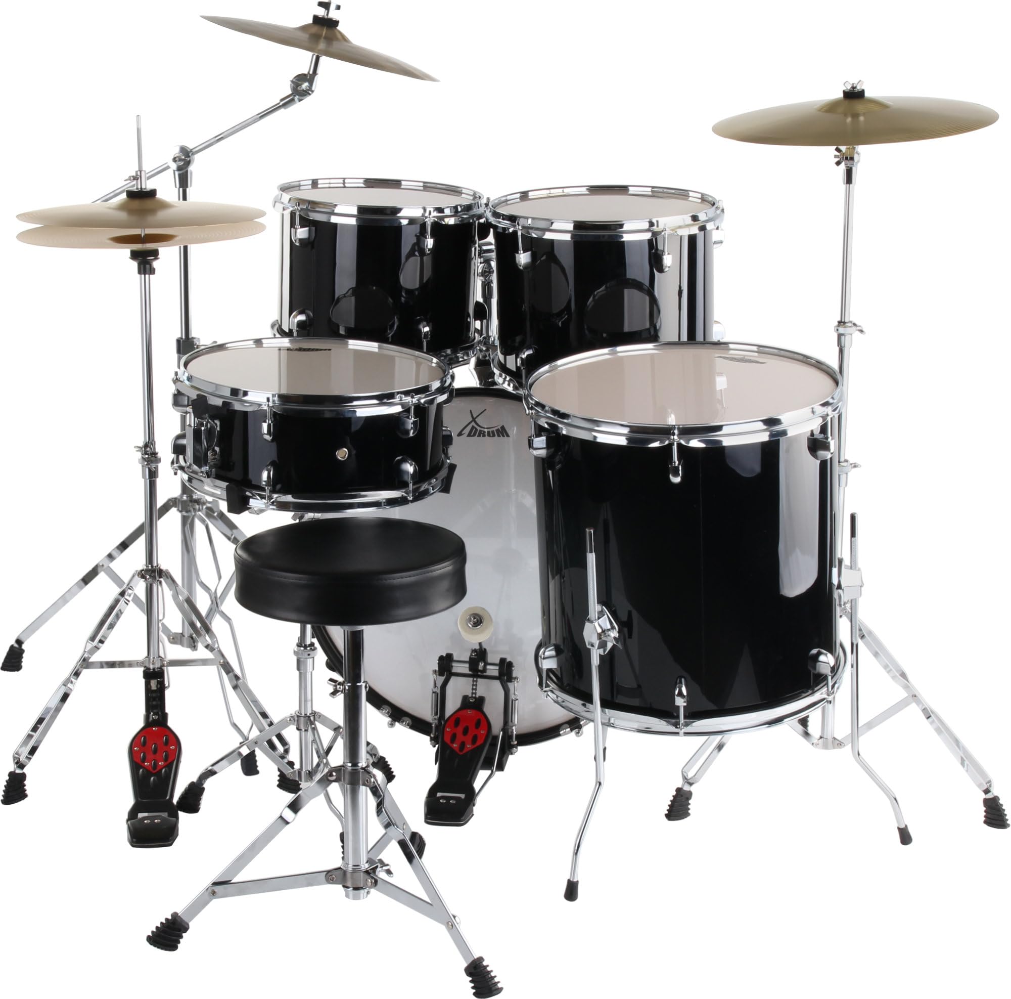 XDrum Semi 22, Batería, Hardware de 5 piezas y doble soporte:, 16" TT | Soporte de caja, pedal y hi-hat (ambos con cadena), soportes de platillos de doble soporte, banqueta ajustable en altura