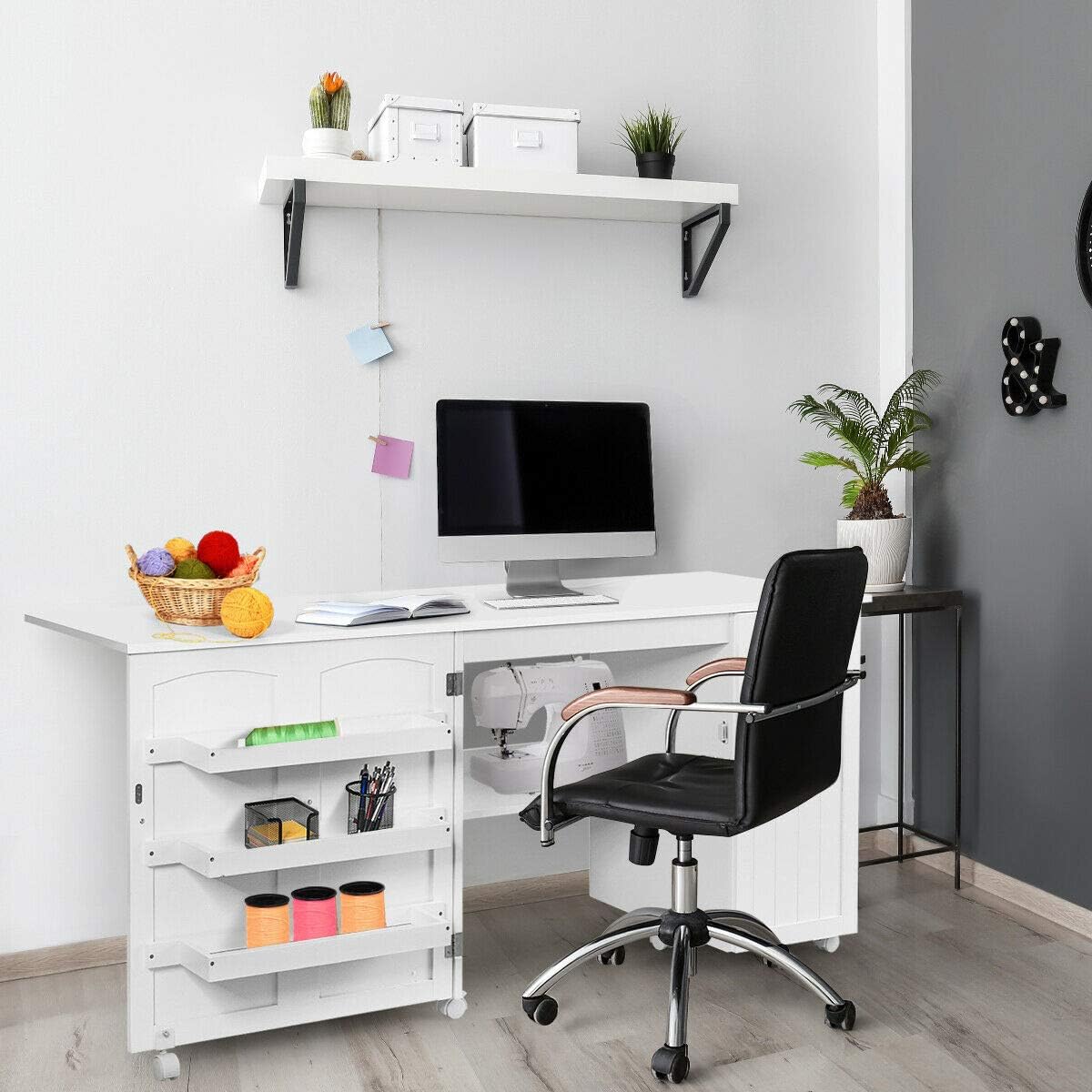 DORTALA Folding Sewing Table, Large Size Craft Cart w/Storage Shelves and Lockable Casters, Rolling Craft Station Sewing Table for Apartment Home, Portable Storage Cabinet for Small Space, White