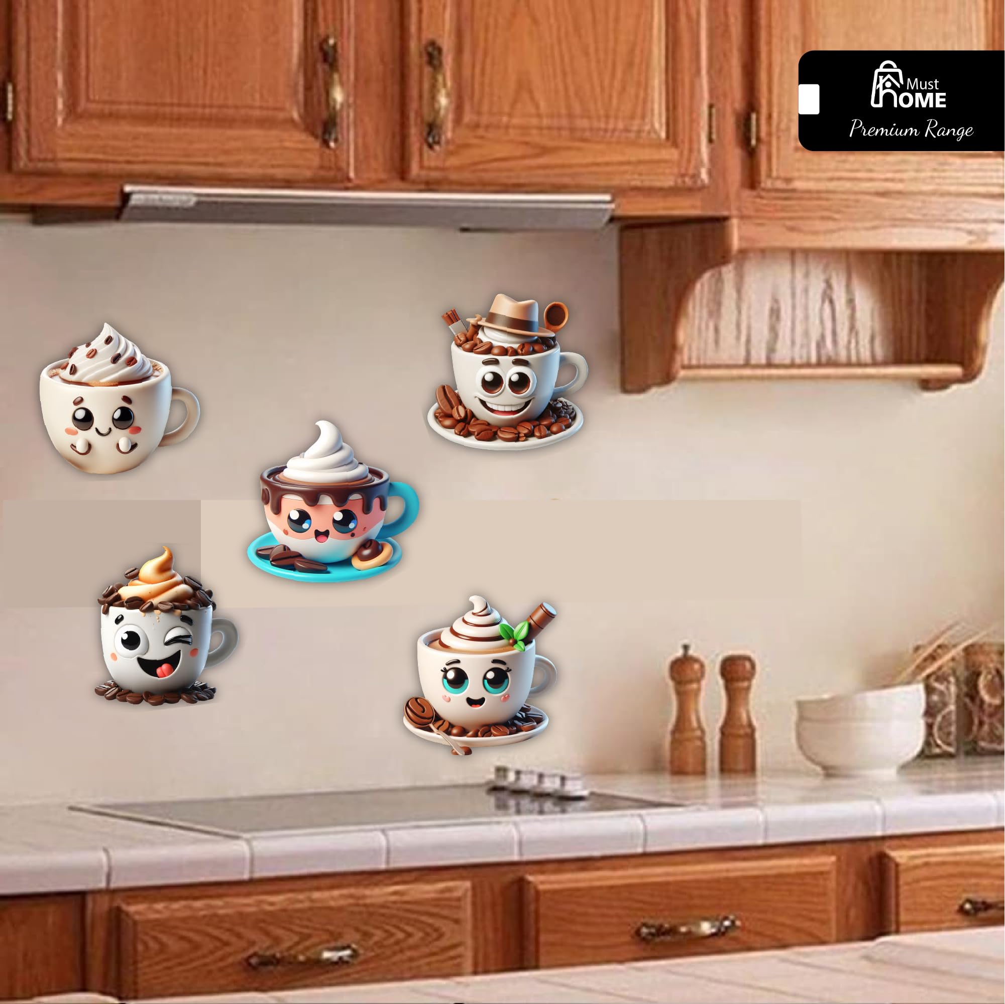 MustHome Kitchen Decoration Items, Coffee Cups | Cute Smile Cup and Cups Kitchen Wall Decor | Stickers Wall | Wall Reusable Stickers, Reusable Sticker s, Set of 5, Wood 3