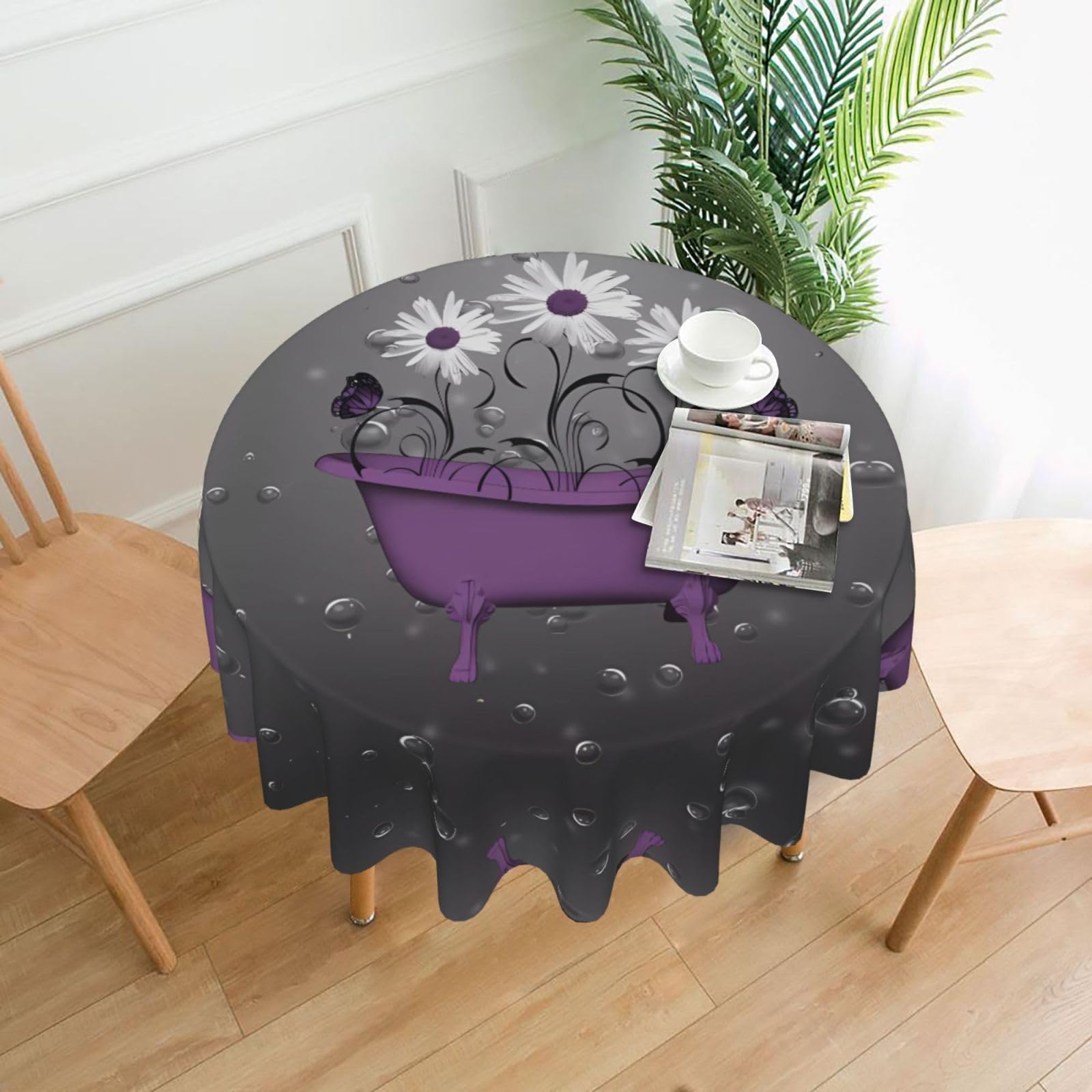 WHJSHOP Purple Bathtub and Daisy Prints Round Decorative Throw – 60in Stylish Table Cover for Dining, Parties & Outdoor Events