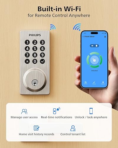 Miniatura 2 de Philips Cerradura de cerrojo de teclado inteligente WiFi, control remoto de aplicación, no requiere concentrador, compatible con Alexa y Google
