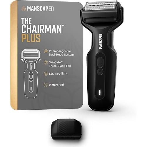 MANSCAPED® The Chairman™ Plus Men’s Electric Foil Face Shaver - Two Interchangeable Blade Heads, SkinSafe® Three-Blade Foil & Precision Sideburn & Jawline Trimmer, USB-C Charging, Gentle on Neck Area