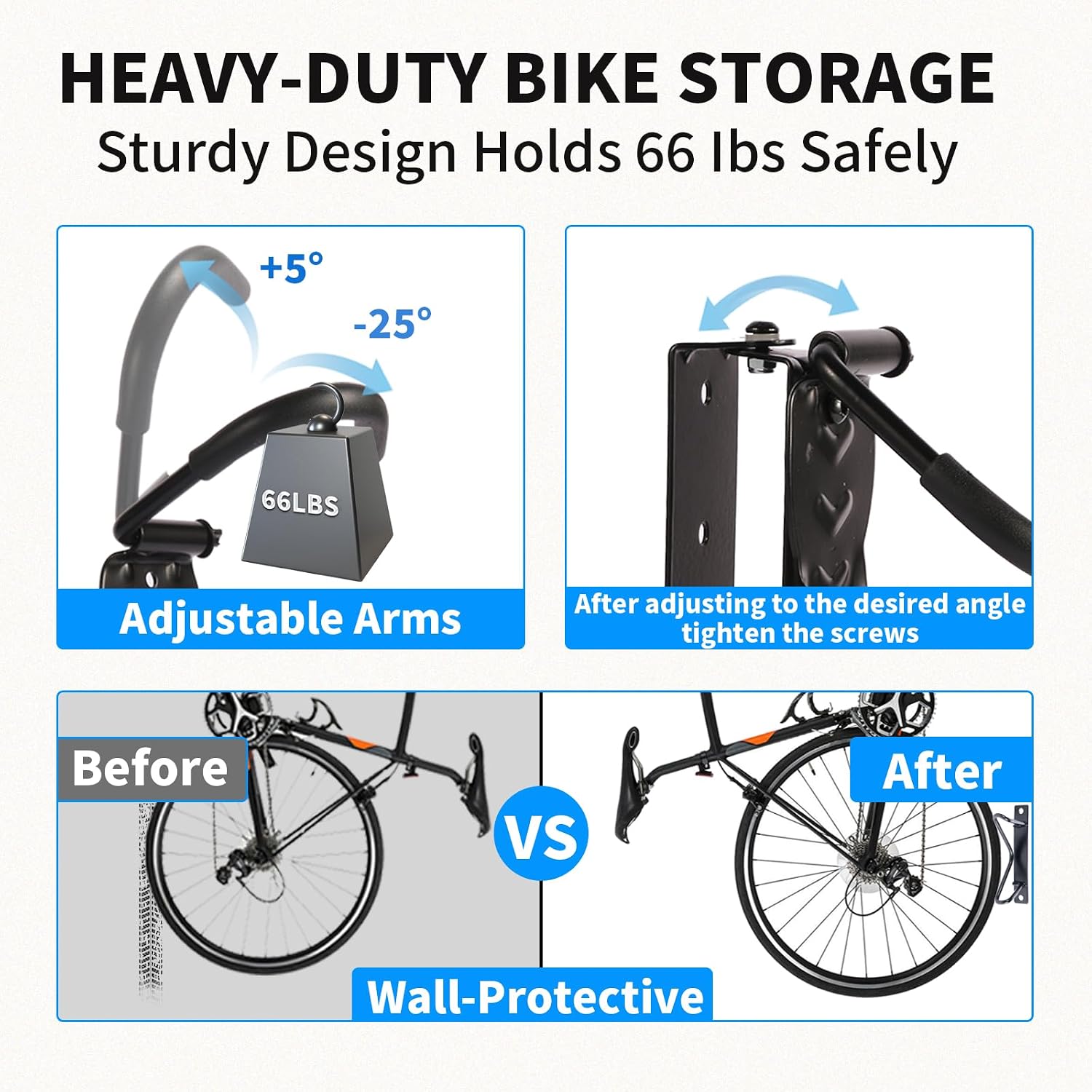 Bike Wall Mount Rack, Swivel Bike Hanger for Garage, Space-Saving Bike Storage, Heavy Duty Bicycle Hook Holds Up to 66lbs, Easy to Install for Home & Garage,2Pack