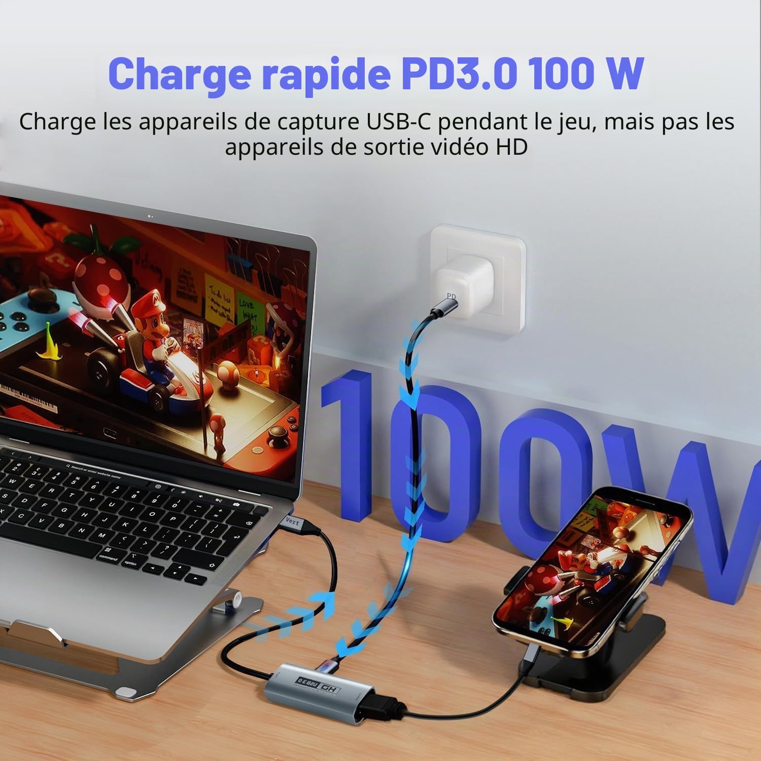 Guermok Carte de Capture vidéo USB 3.0 avec PD 100W, 1080P@60FPS HDMI vers USB-A/C, avec Adaptateur Type-C, pour Le Streaming sur Quest 3 / Pad/MacOS/Switch2/1/ PS 4/5, Argent