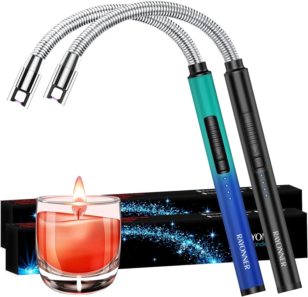 RAYONNER Lighter Upgraded Candle Lighter USB Lighter with LED Battery Display Safety Switch Long Flexible Neck 1 Count (Pack of 2), Black+Green/Blue Gradient