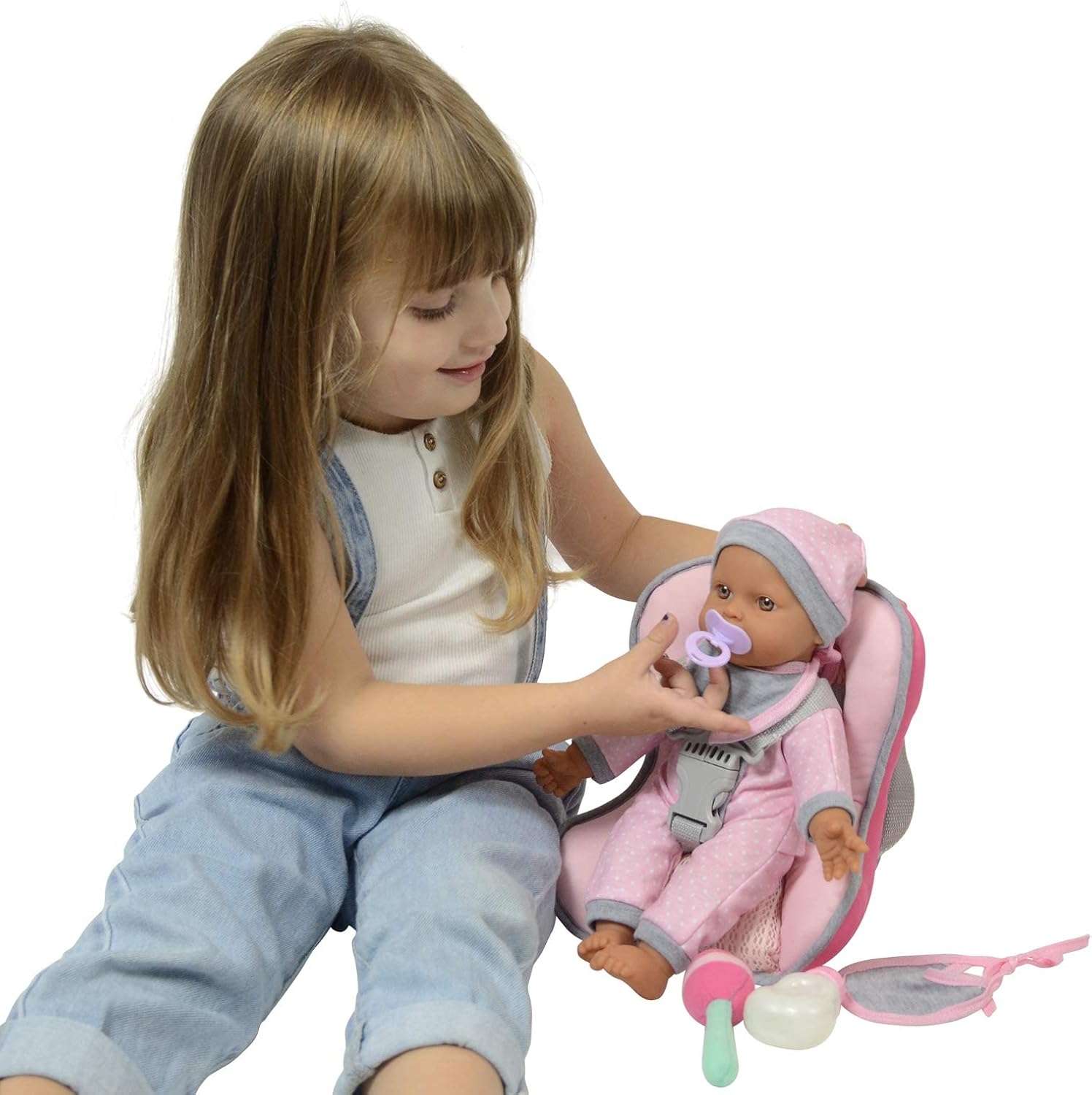 Baby Doll Carrier Car Seat, Baby Doll Accessories Set Includes Doll Bottles, 12 Inch Soft Baby Doll & Toys