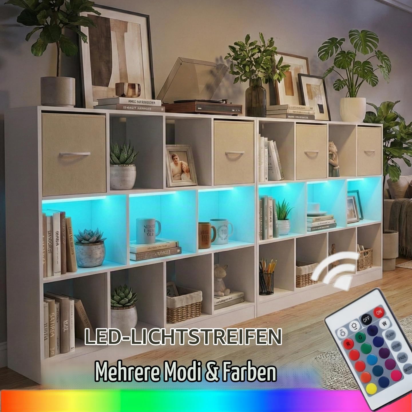 Bücherregal,Kleines Regal Bücher Holz,Kinder Raumteiler Regal Schrank mit 2 schubladen aus Vliesstoff 11 Fächern und lichtleiste,für Wohnzimmer Schlafzimmer Kinderzimmer Büro,Weiß,126x30x100cm