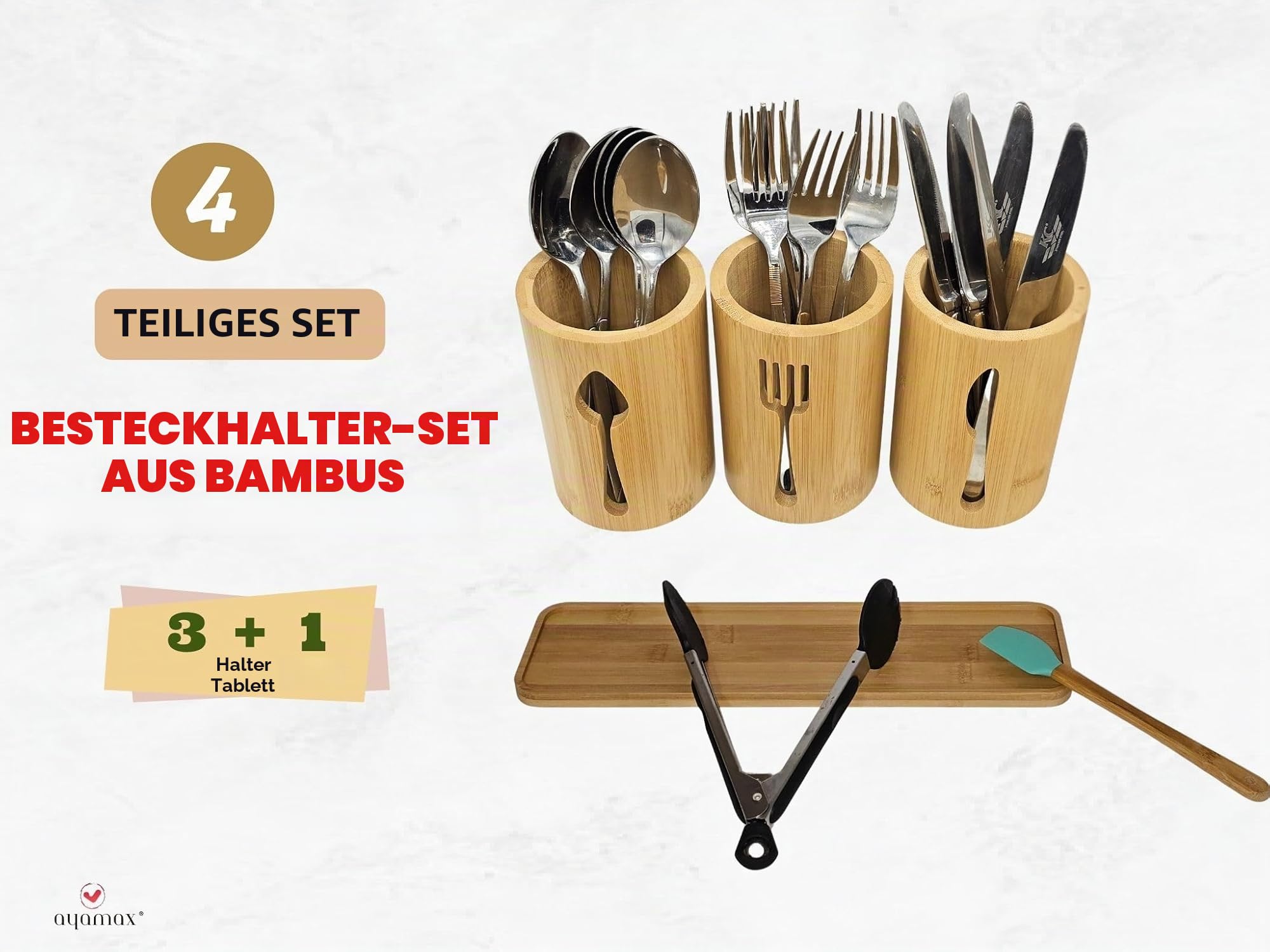 Bambus-Besteckhalter-Set – 3 Küchenutensilienhalter Besteck-Organizer mit Bambus-Tablett | Dekorativer Küchen-Arbeitsplatten-Besteckständer | Utensilienhalter – Messer-, Gabel- und Löffelhalter