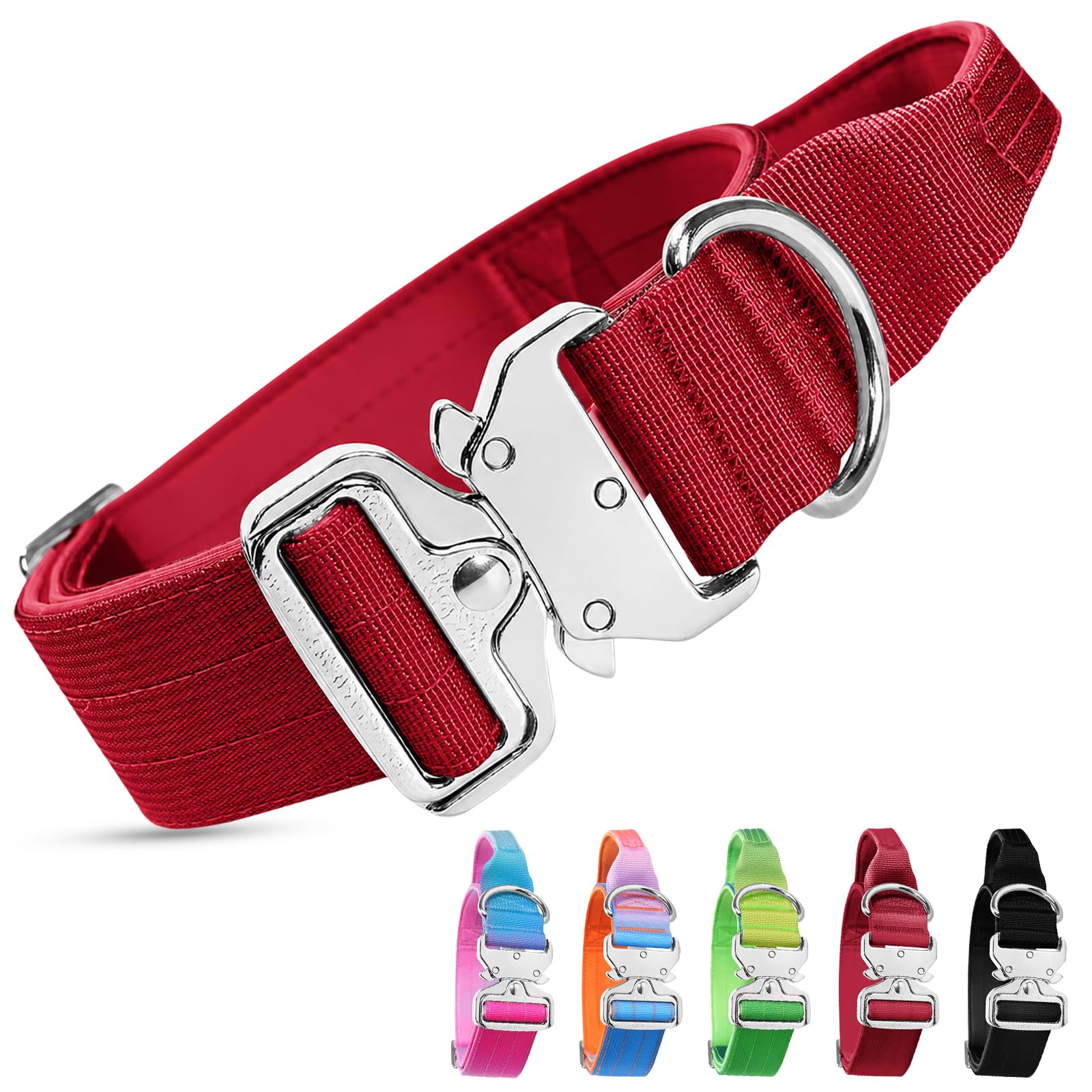 Tactical Dog Collar, Padded Breathable Soft Nylon Dog Collar with Heavy Duty Metal Buckle, Adjustable Comfortable Military Pet Collar for Medium Large Dogs Training Outdoor Walking (Red, XL)