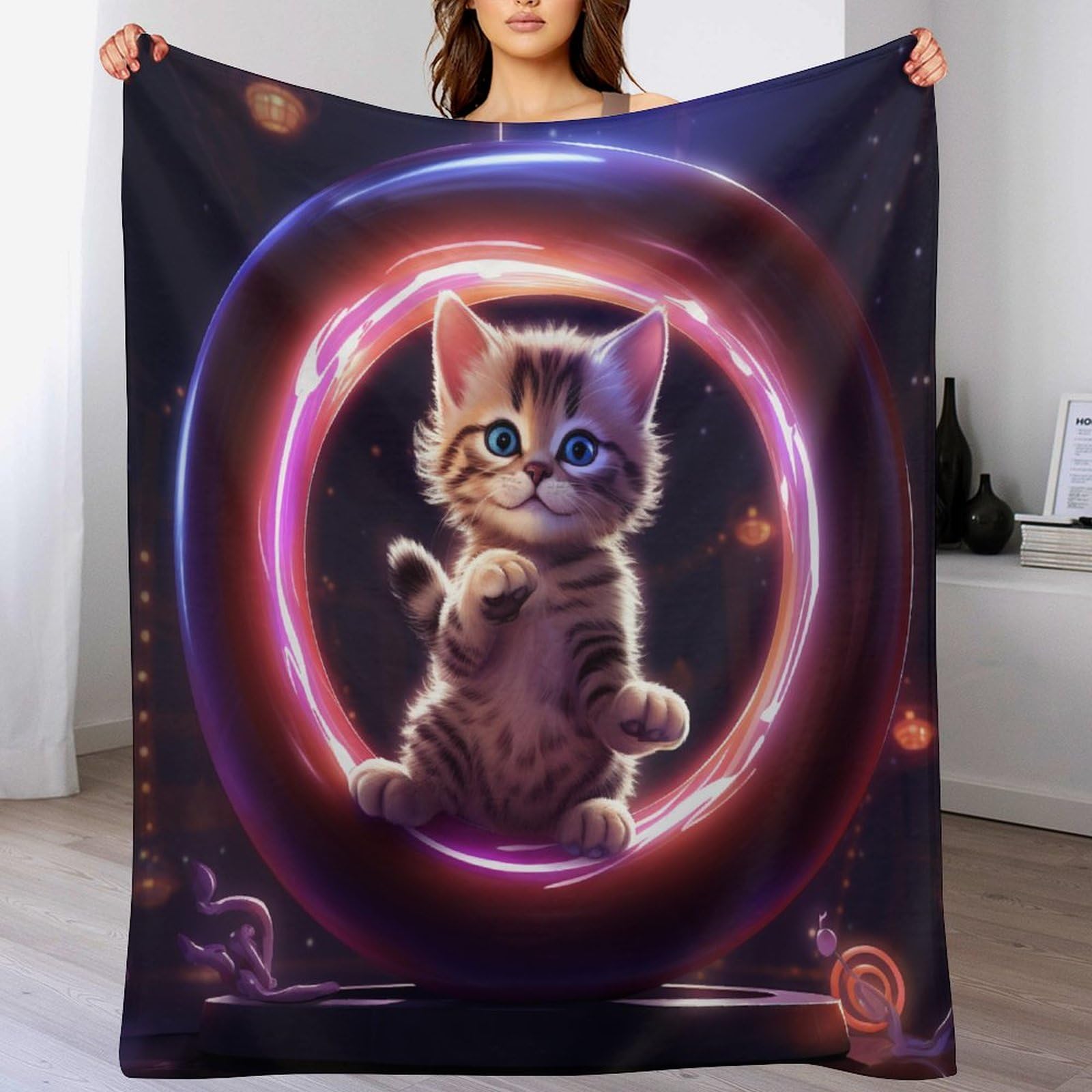 Couverture chat impression 3D en polaire de flannel pour lit et canapé de 130x150cm