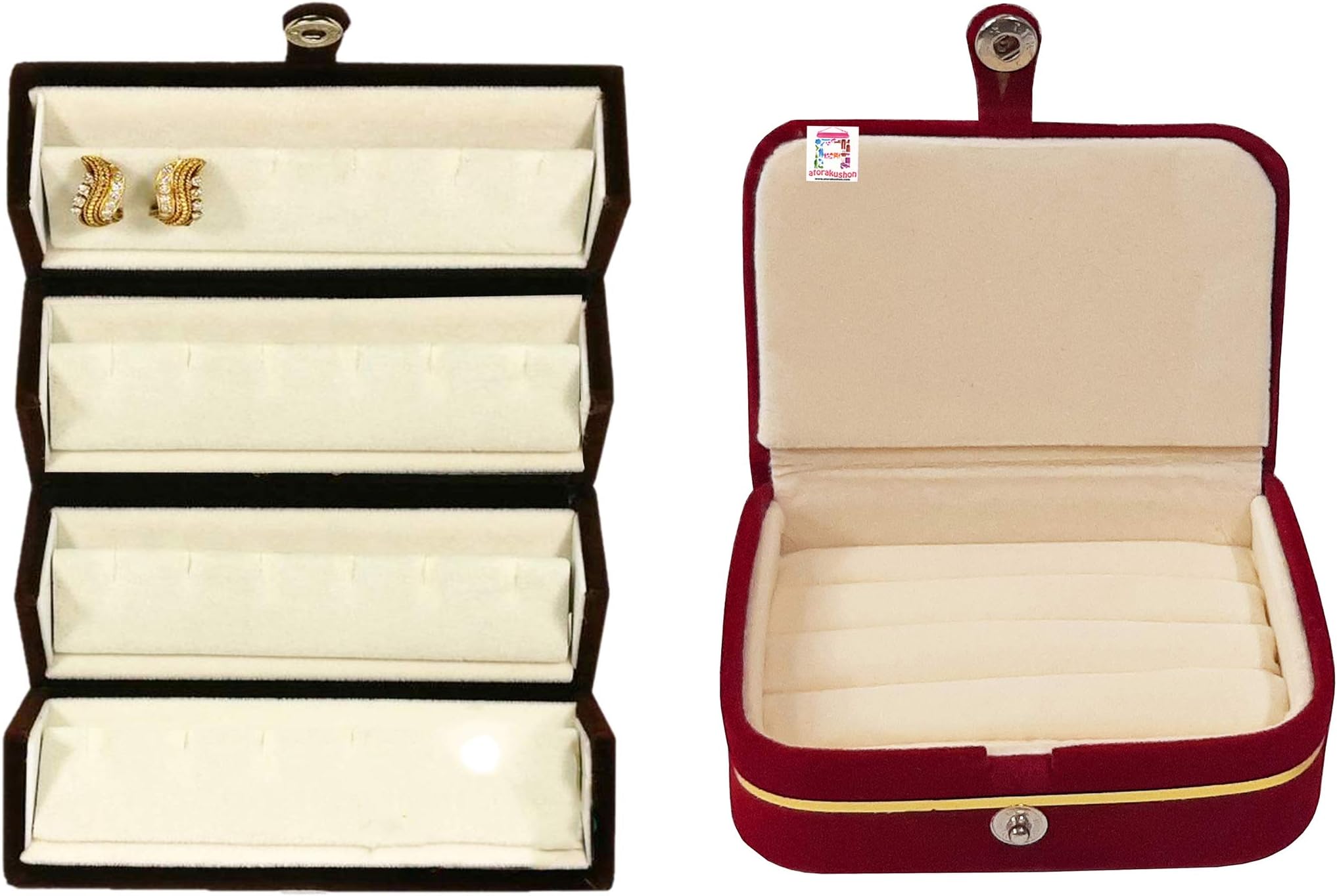 atorakushon Women's Velvet Combo Jewellery, Ring, Earrings, Necklace Organizer Box (Red & Cream) Set of 2