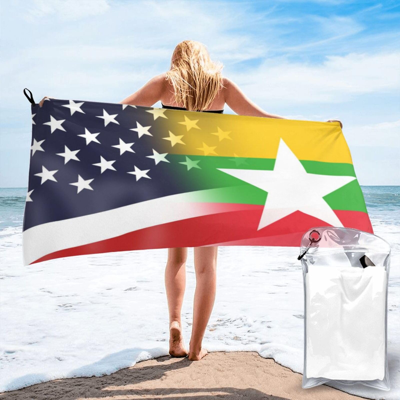 HACXZ Funny America Flag and Myanmar Myanmarese Flag Absorbent Beach Towel Microfiber Beach Shower Towel 31.5"X63"